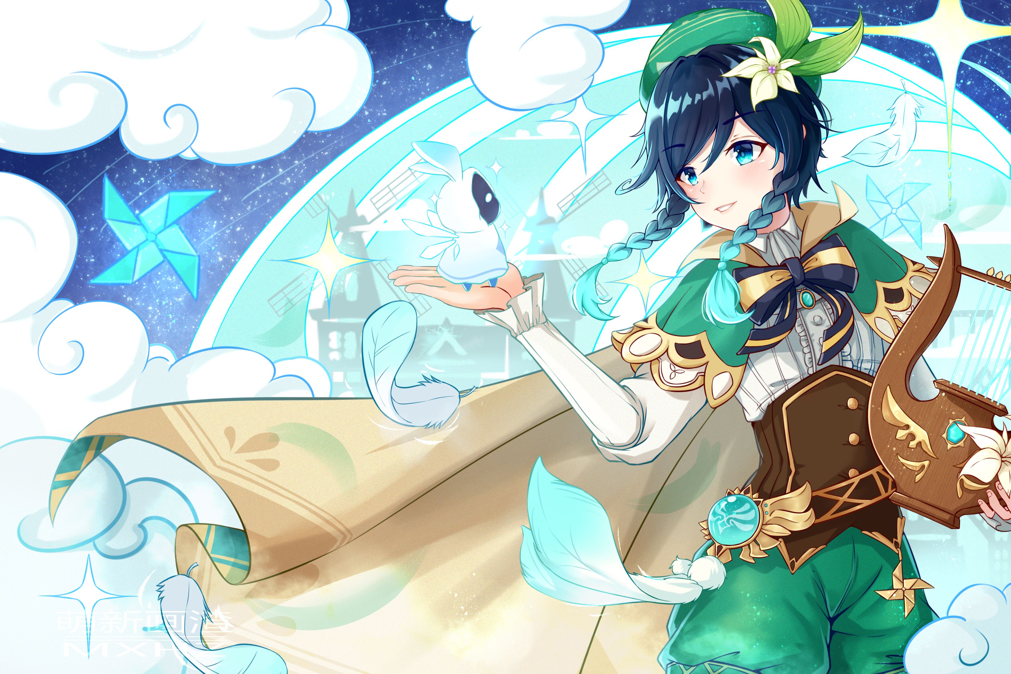 Venti from Genshin Impact with a small creature HD Wallpaper