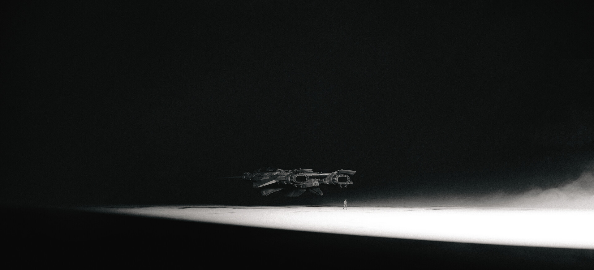 Noir spaceship and a lone figure in a spotlight HD Wallpaper