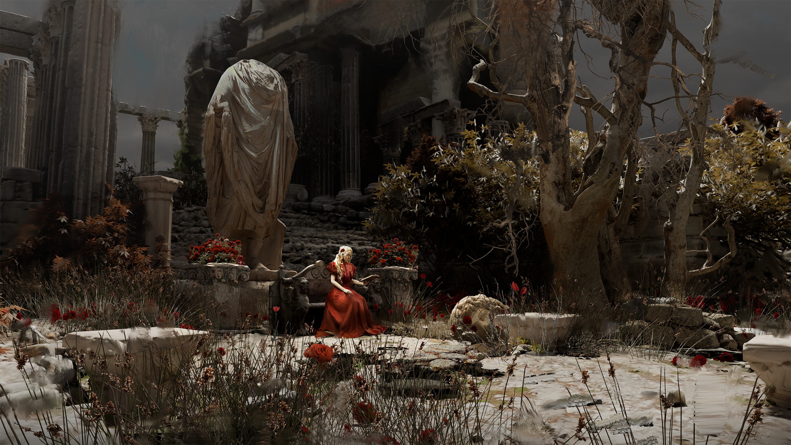 Woman in red dress sitting near a statue in ruins HD Wallpaper
