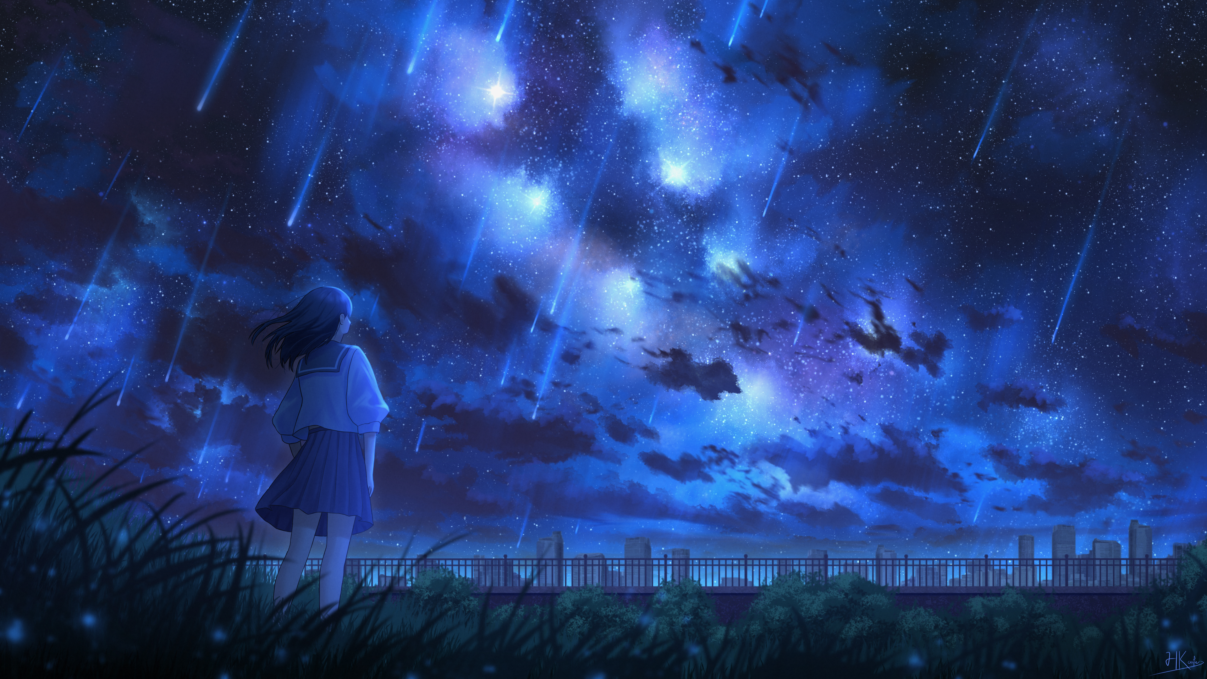 Girl watches meteor shower over city HD Wallpaper