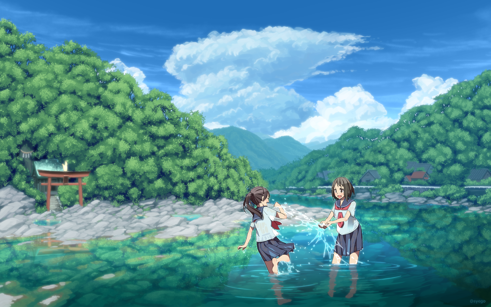 Anime girls playing in a river with mountains in the background HD Wallpaper