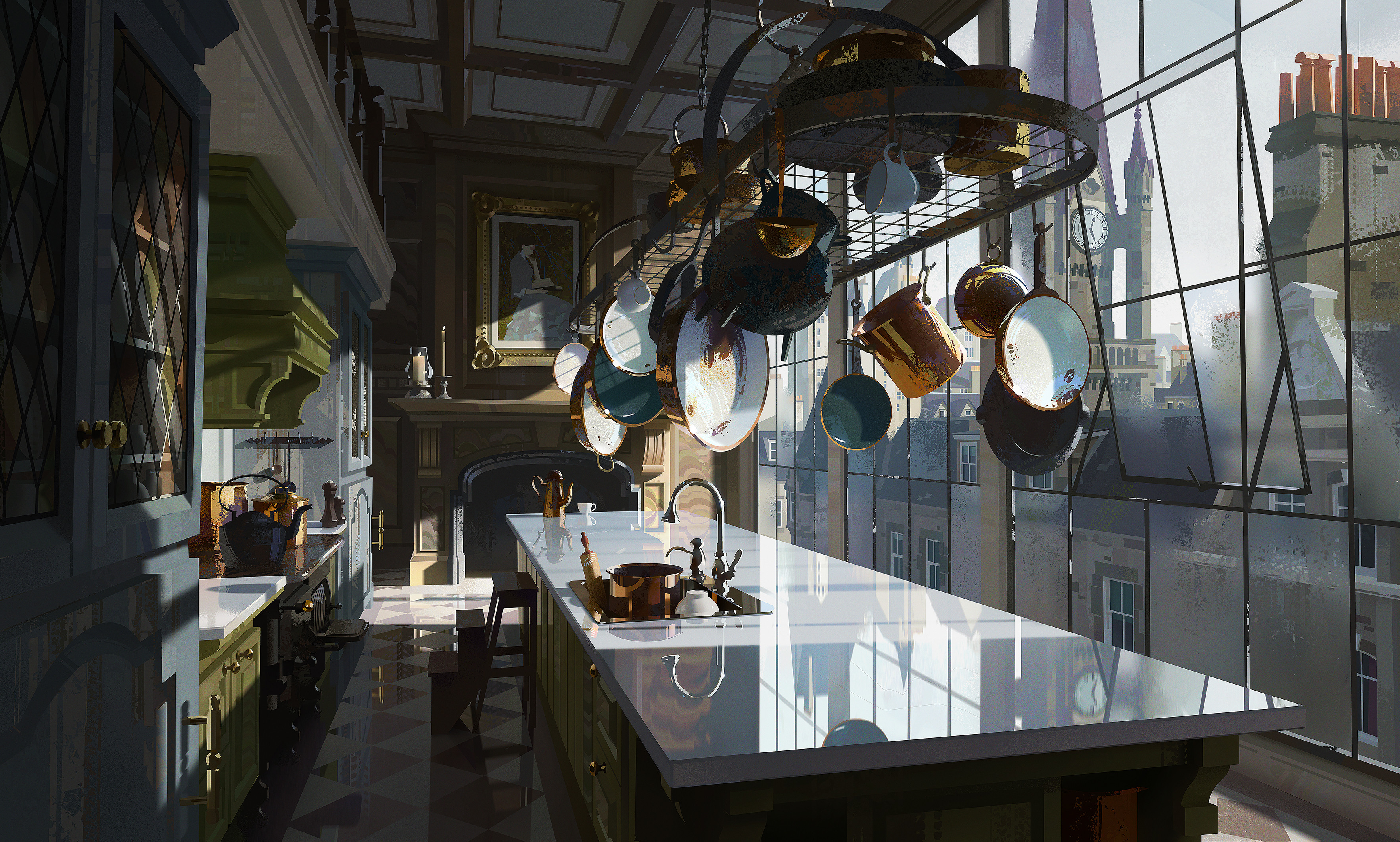Digital painting of a grand kitchen interior with large windows HD Wallpaper