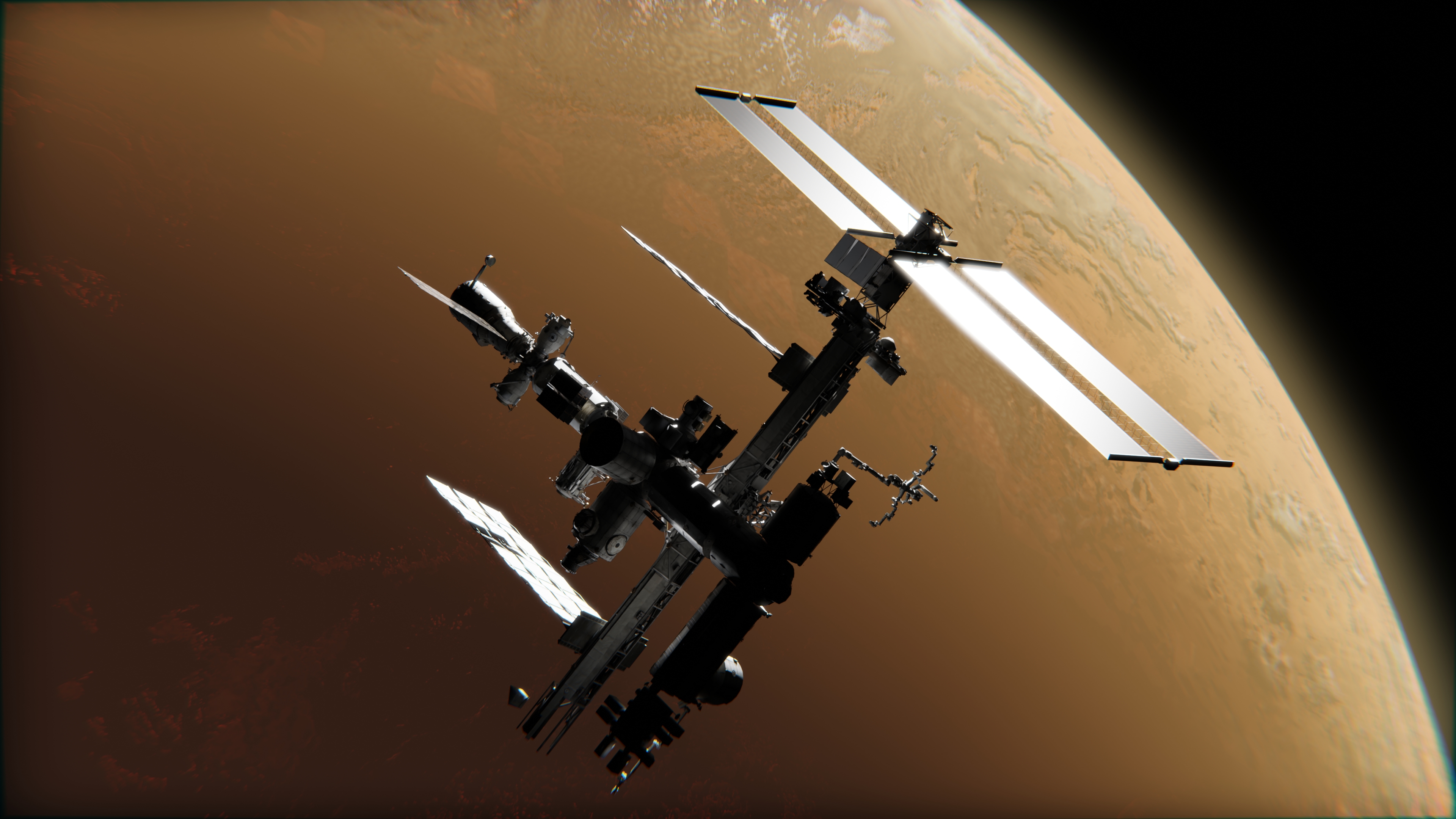 Space station orbiting a planet HD Wallpaper