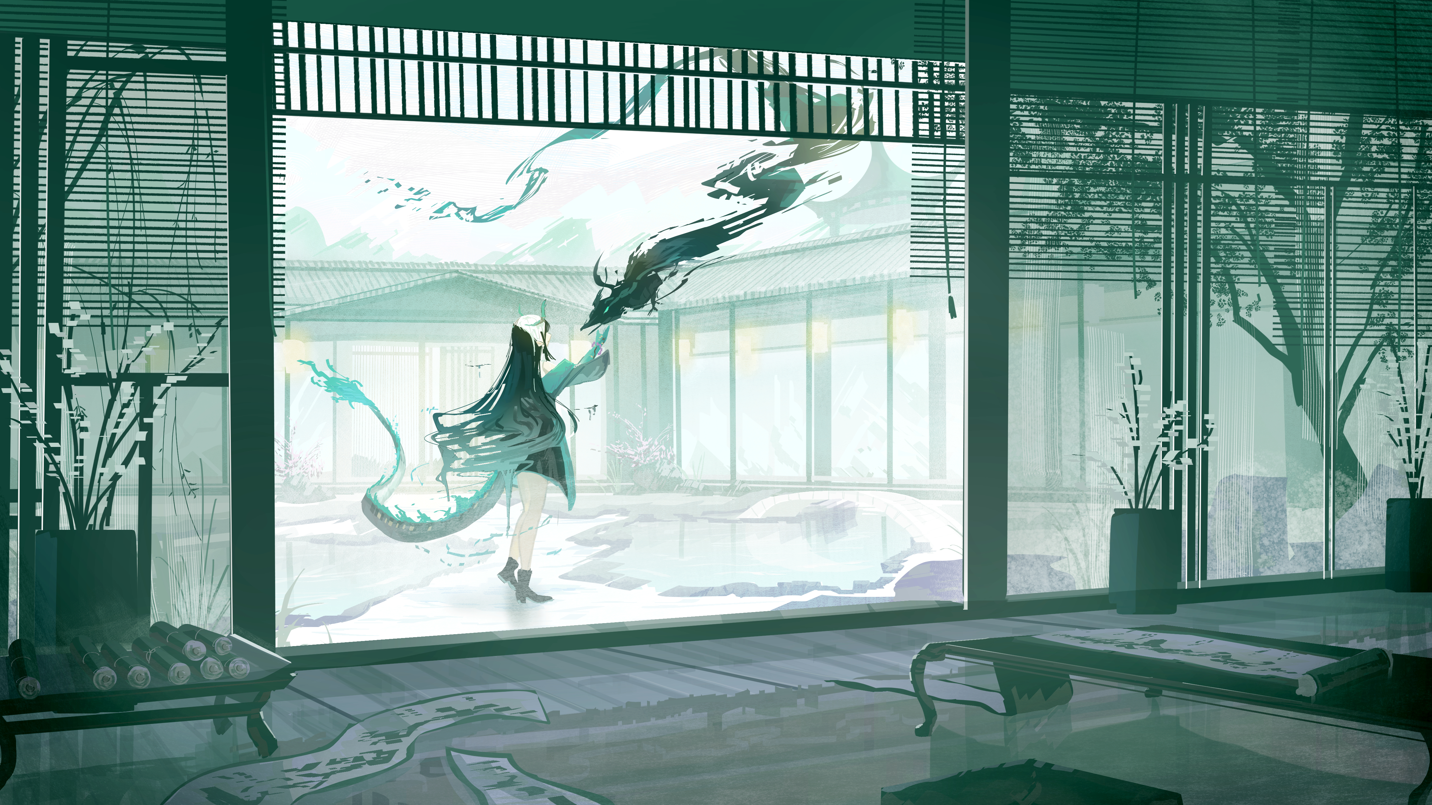 Dusk (Arknights) and a dragon in a Japanese garden HD Wallpaper