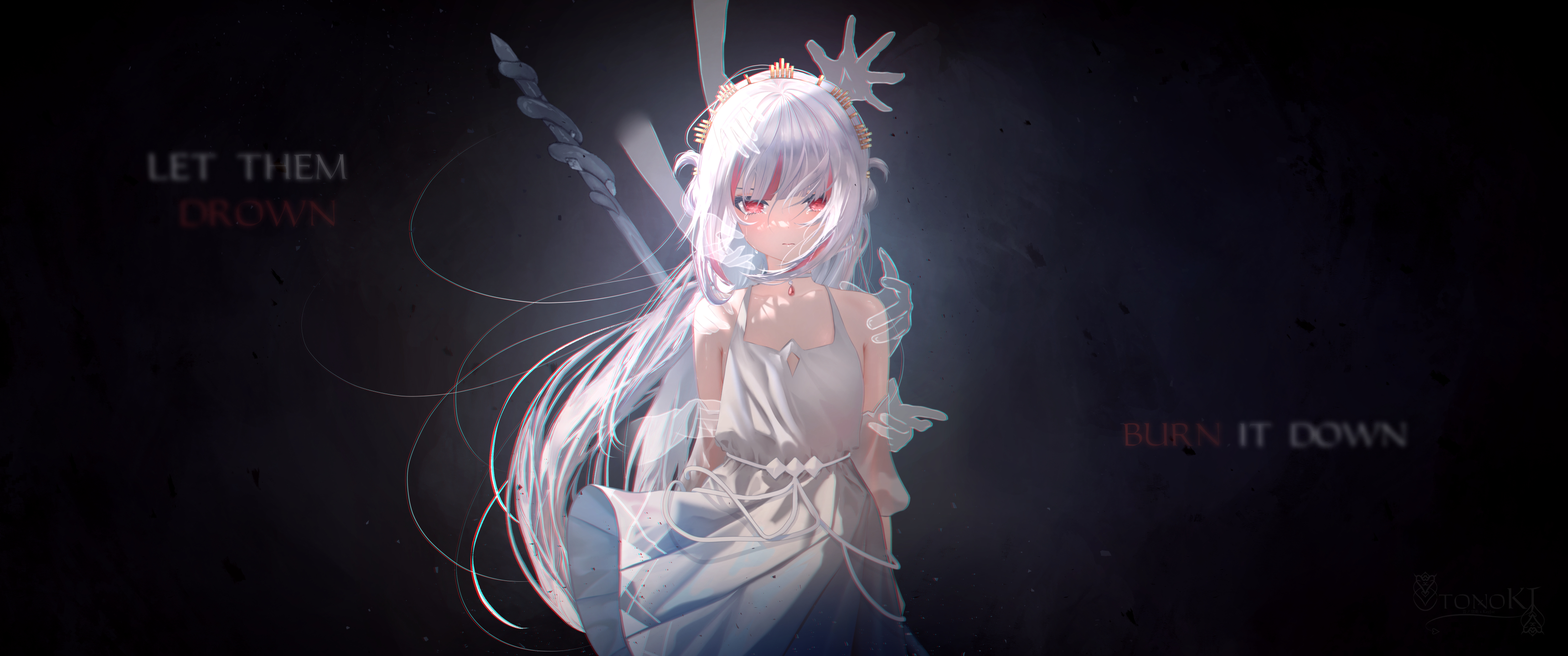 White-haired anime girl with red eyes in a dress HD Wallpaper