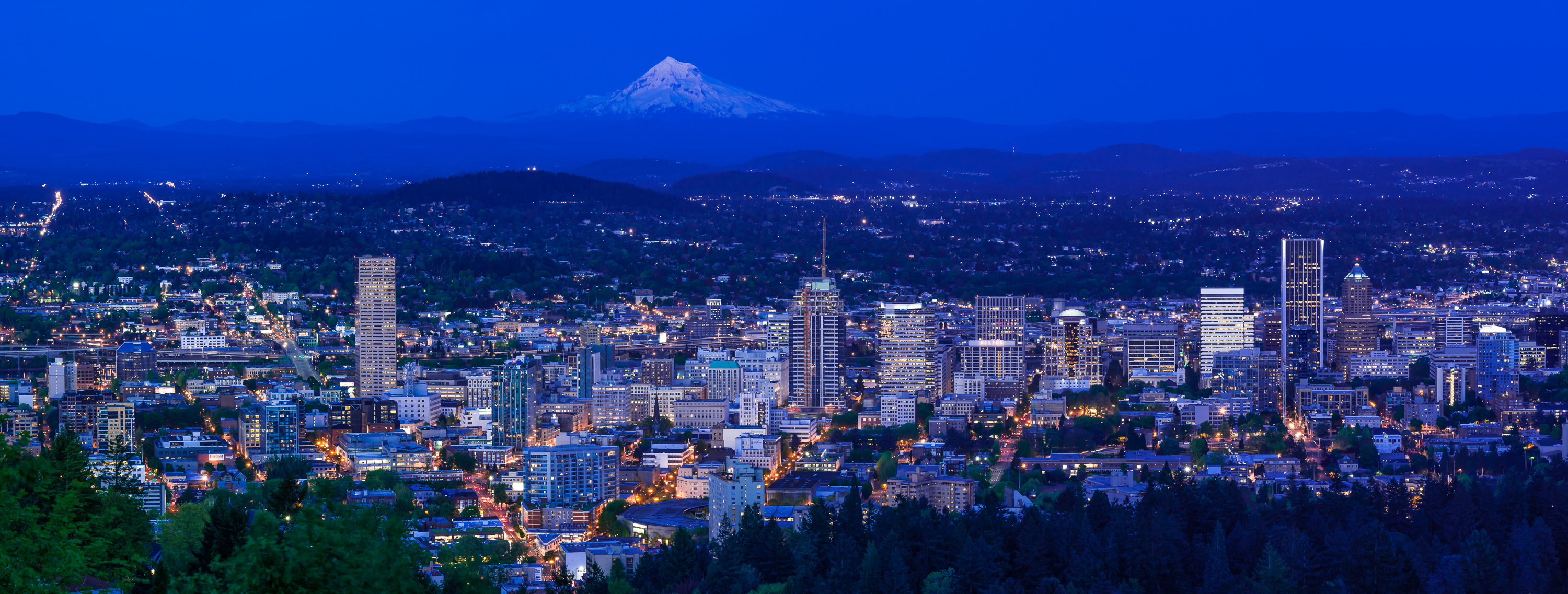 Portland skyline with Mount Hood at dusk HD Wallpaper