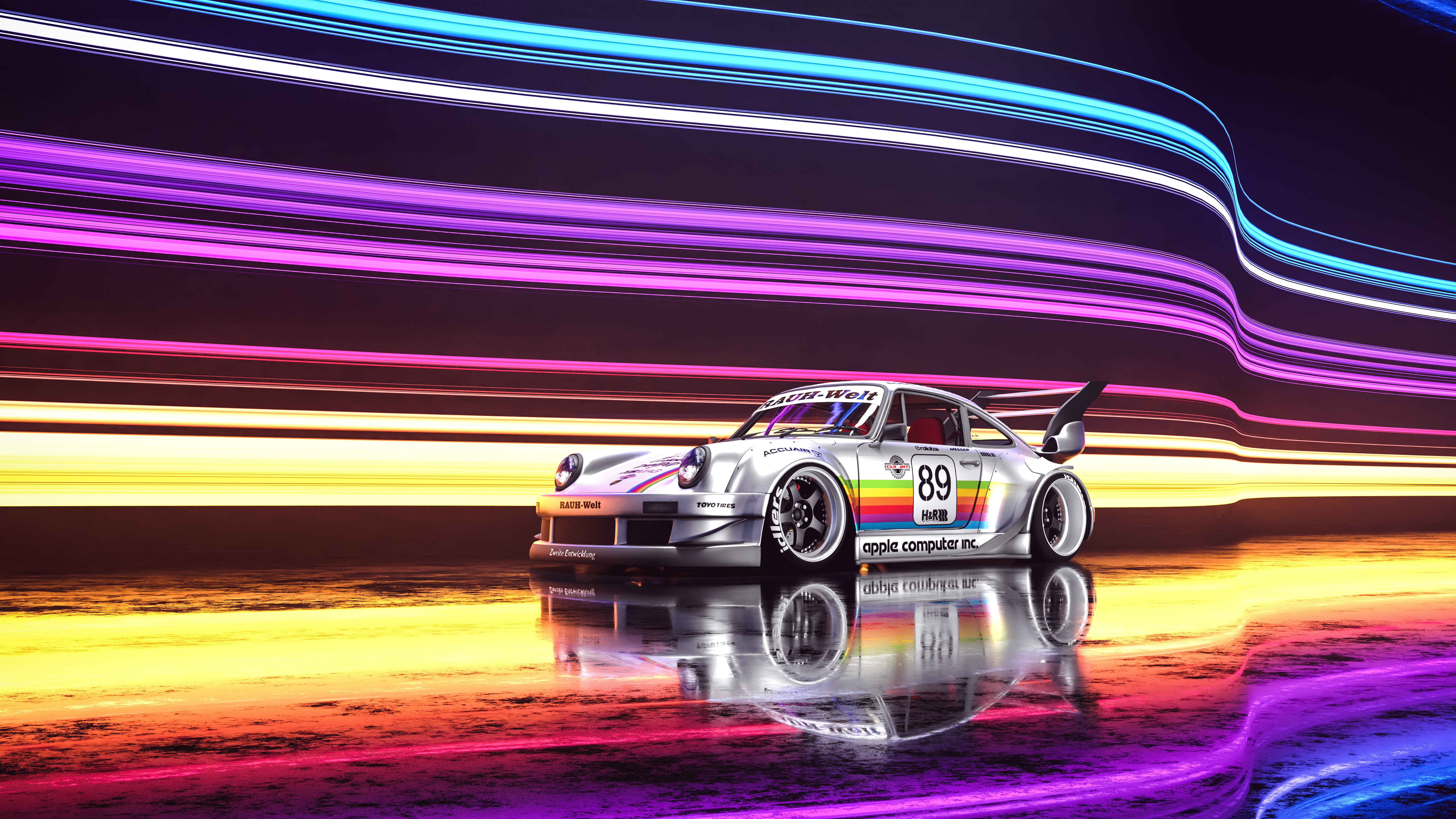 Porsche car with rainbow livery and wing HD Wallpaper