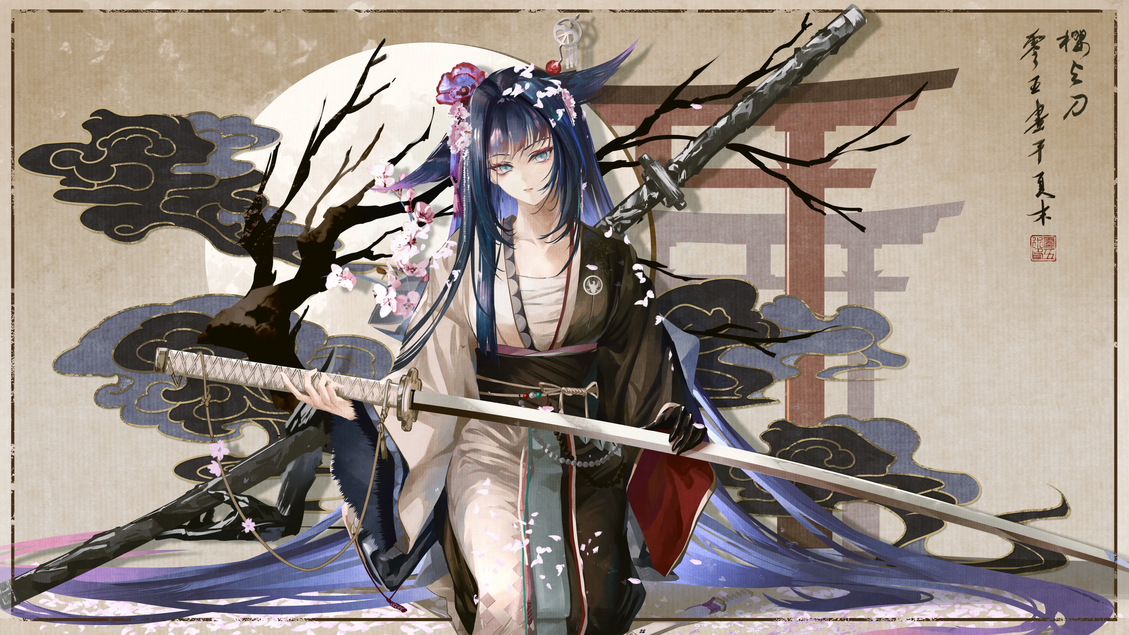 Mio (Arknights) with Katanas and Cherry Blossoms HD Wallpaper
