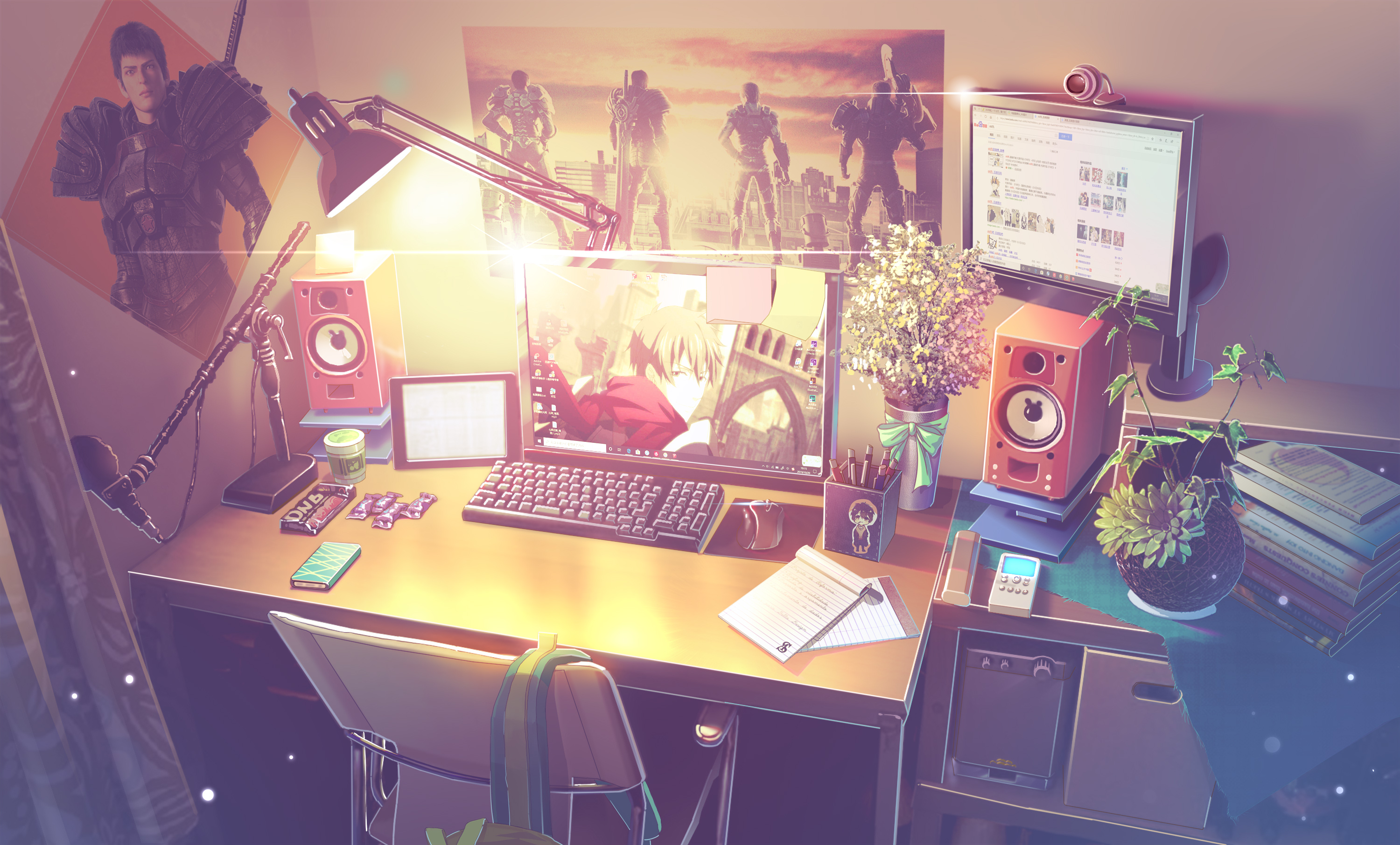 Speakers on a desk with a computer setup and posters HD Wallpaper
