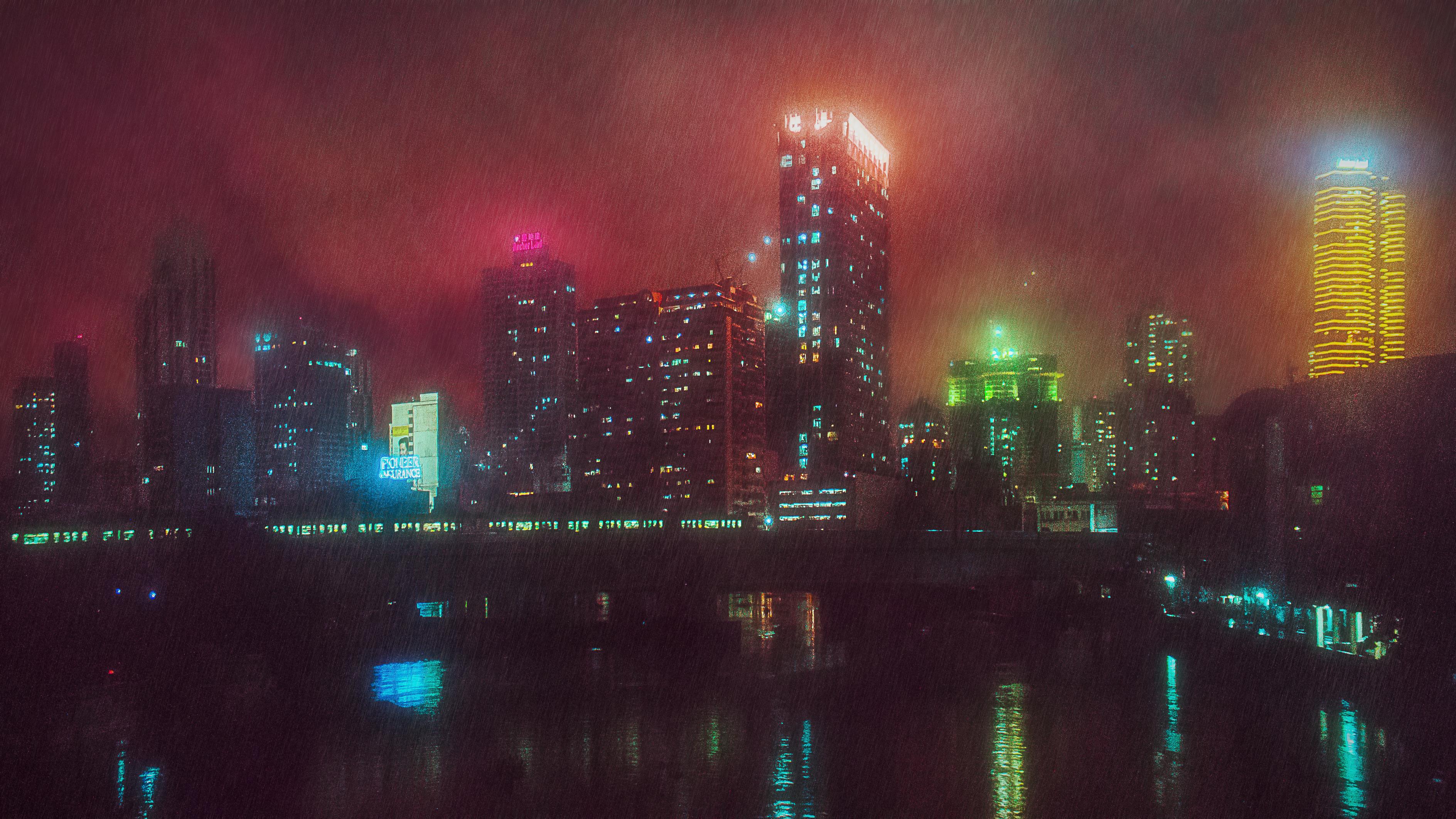 Stormy night cityscape with colorful skyscrapers and reflections HD Wallpaper