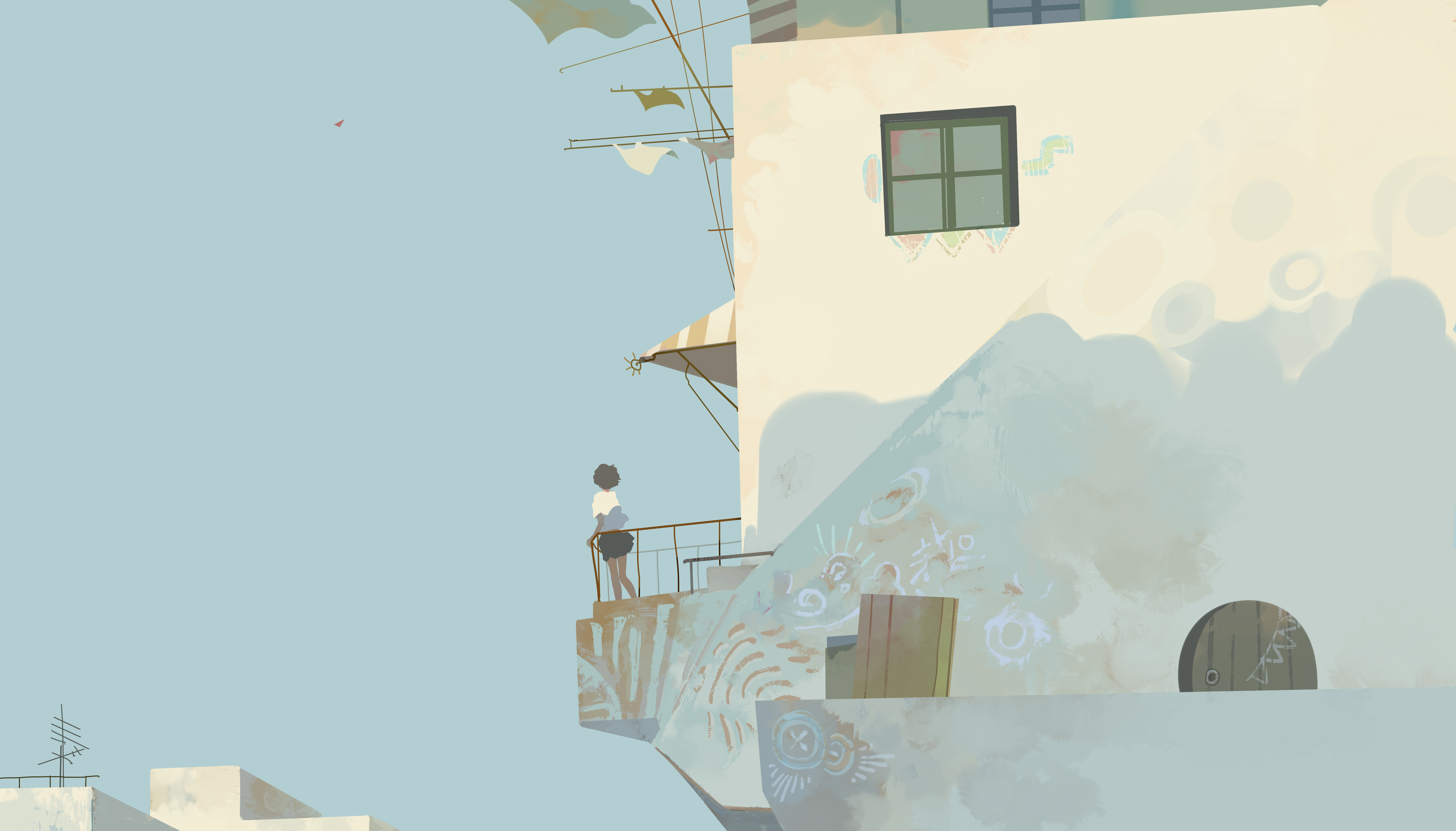 Girl on a balcony overlooking a coastal town HD Wallpaper
