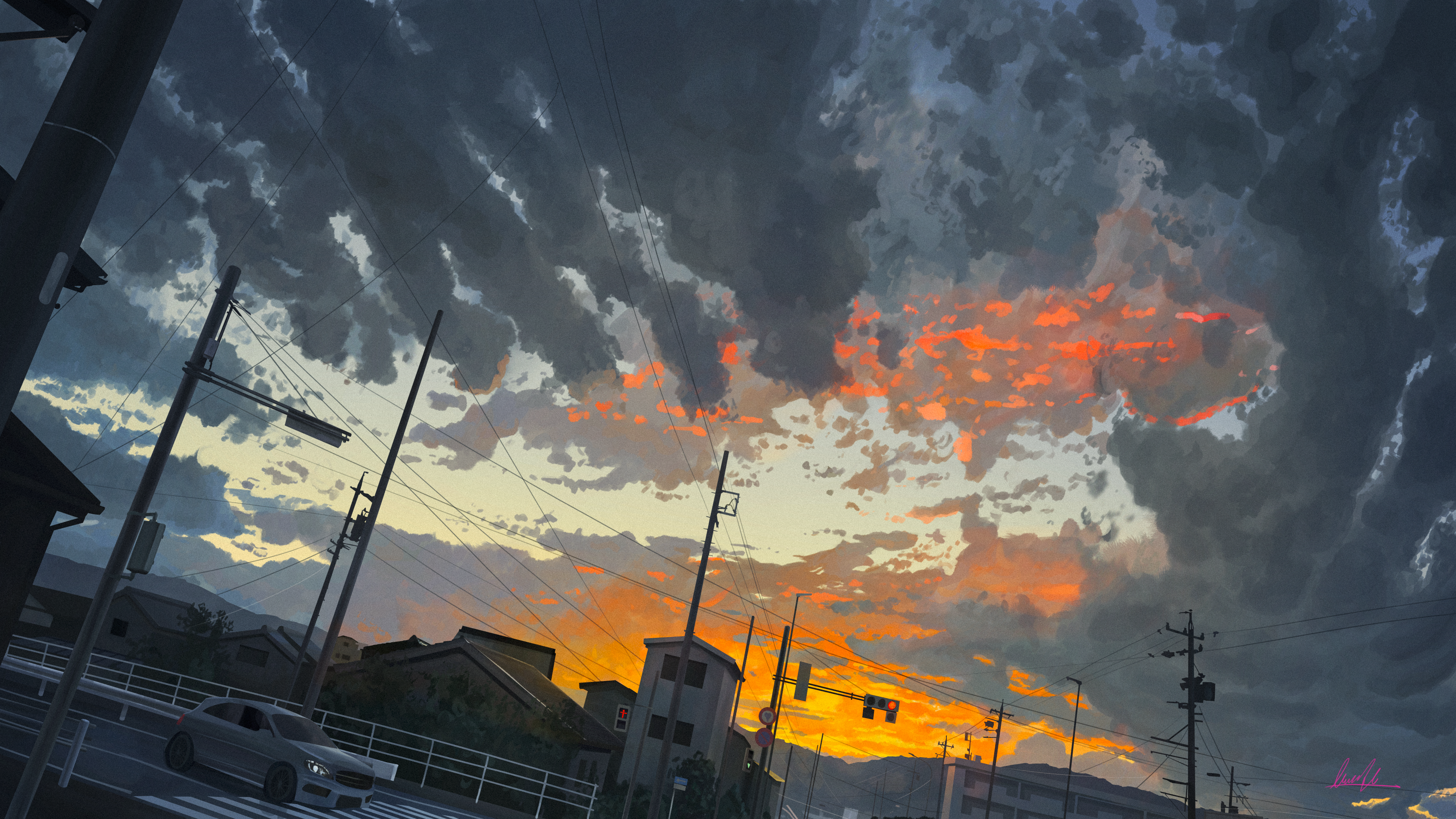 Car driving under a dramatic sunset sky HD Wallpaper