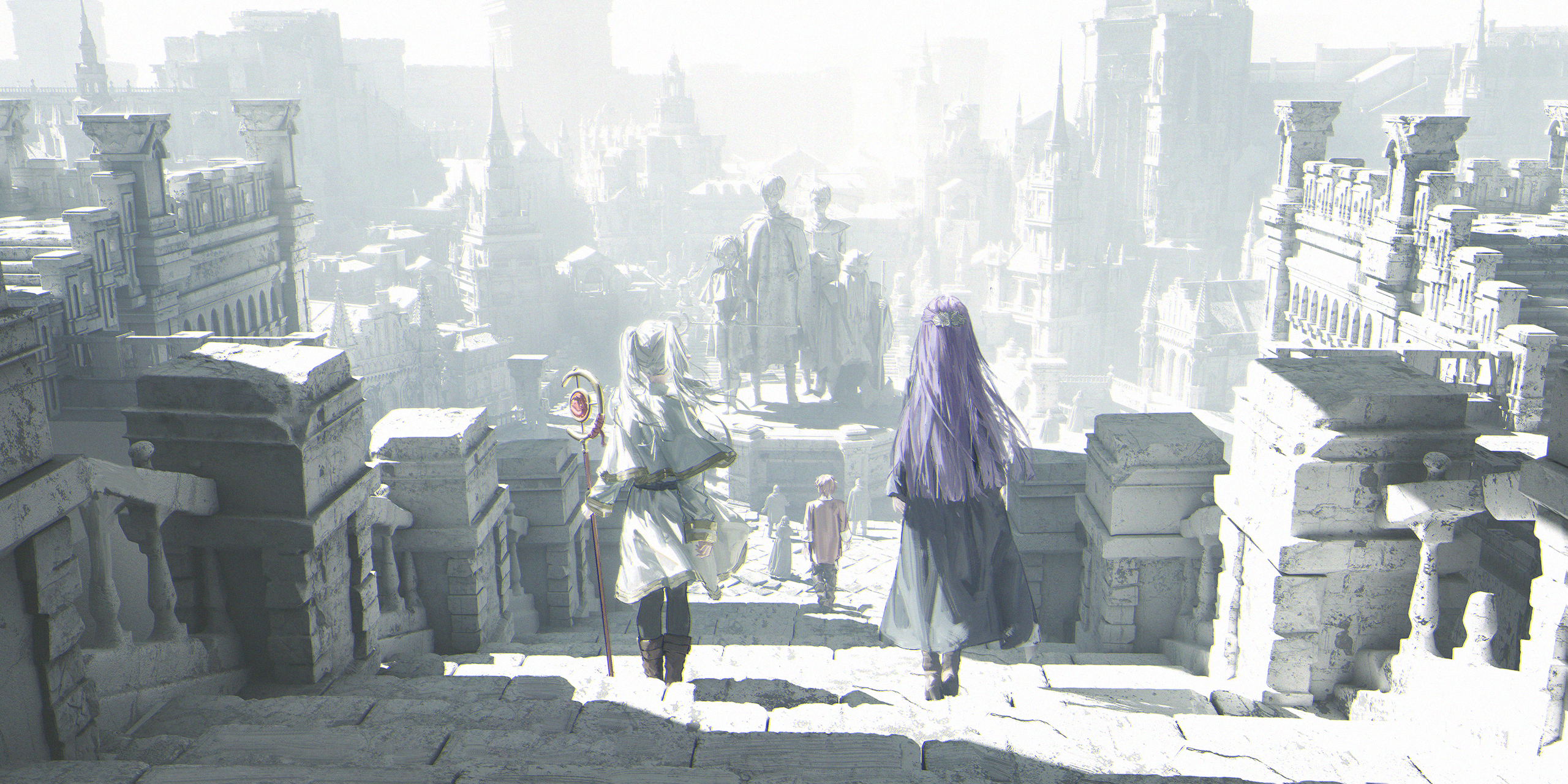Frieren and Fern walk up steps in a city HD Wallpaper