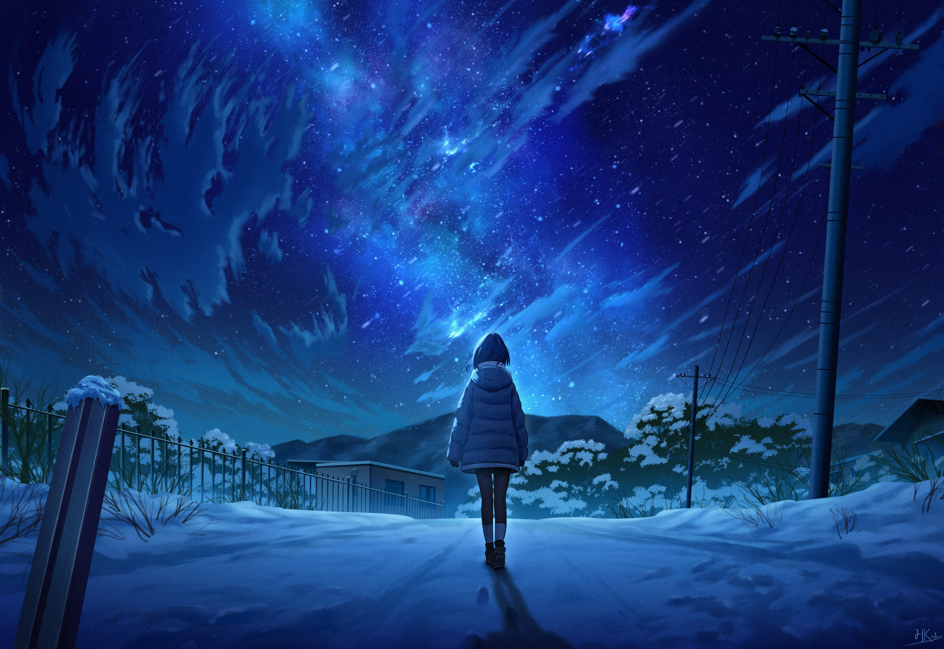 Anime girl in blue coat walks under starry sky HD Wallpaper