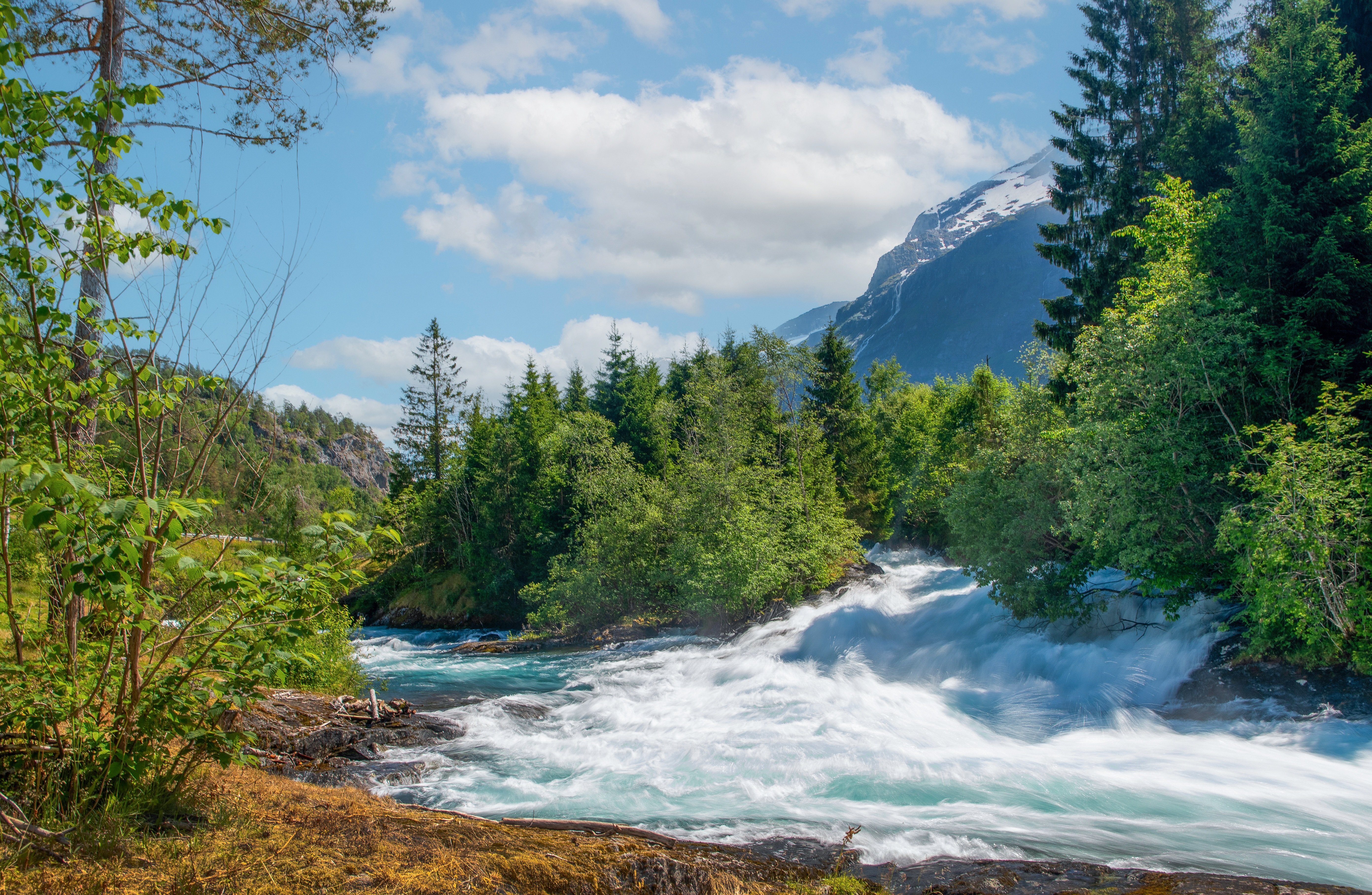 Fast flowing river in Norway with mountains and trees HD Wallpaper