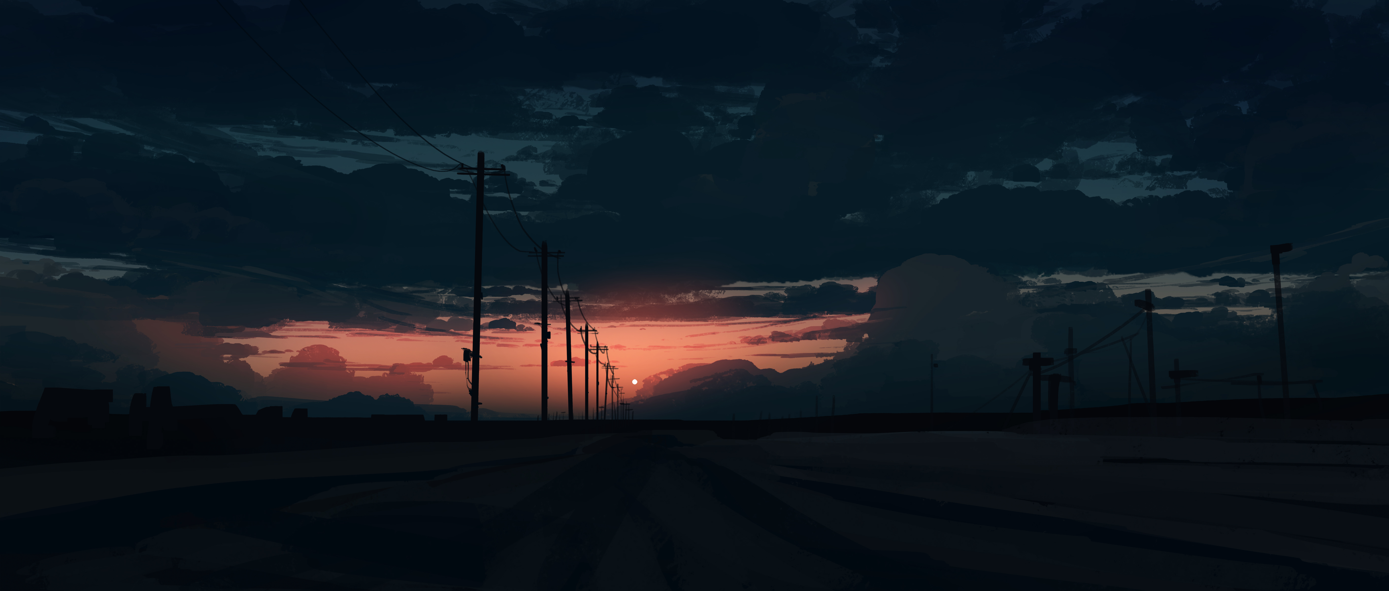 Sunset over a desolate road with power lines HD Wallpaper
