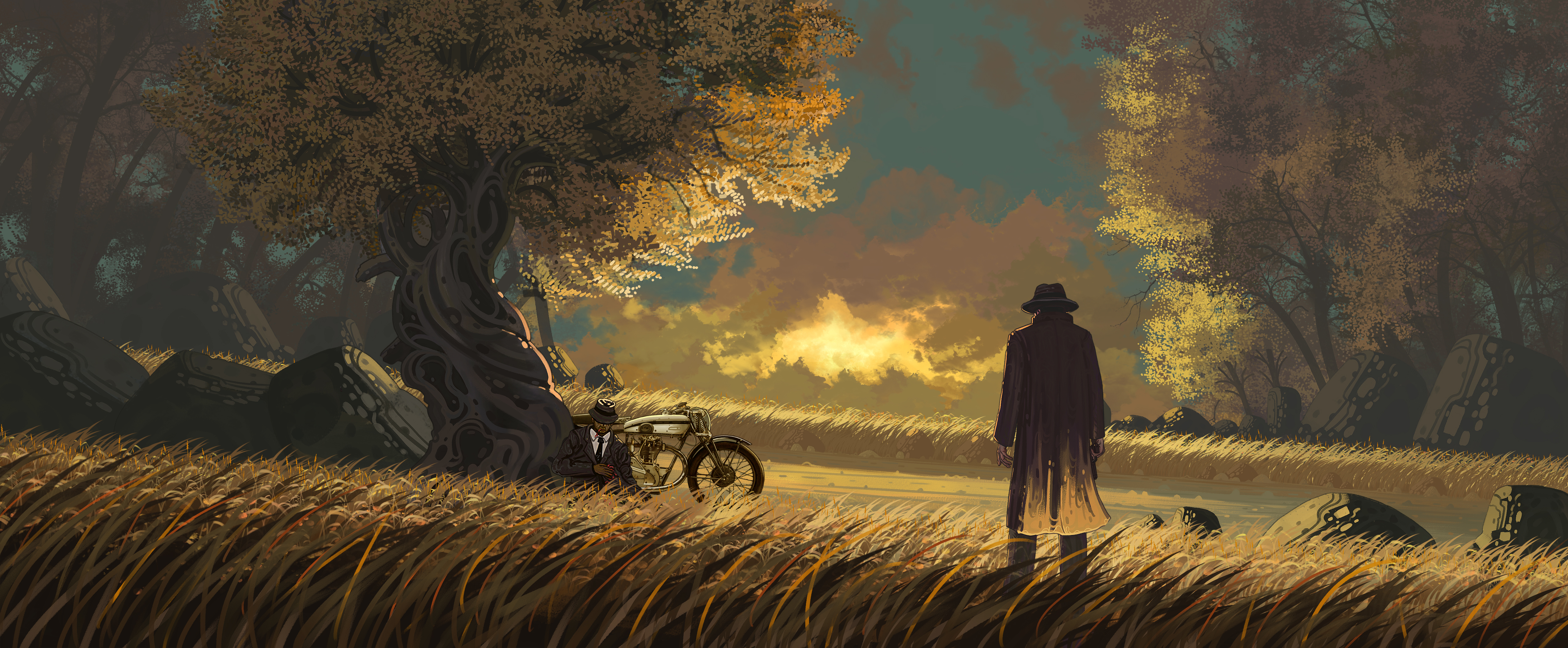 Man in trench coat stands in a field at sunset HD Wallpaper