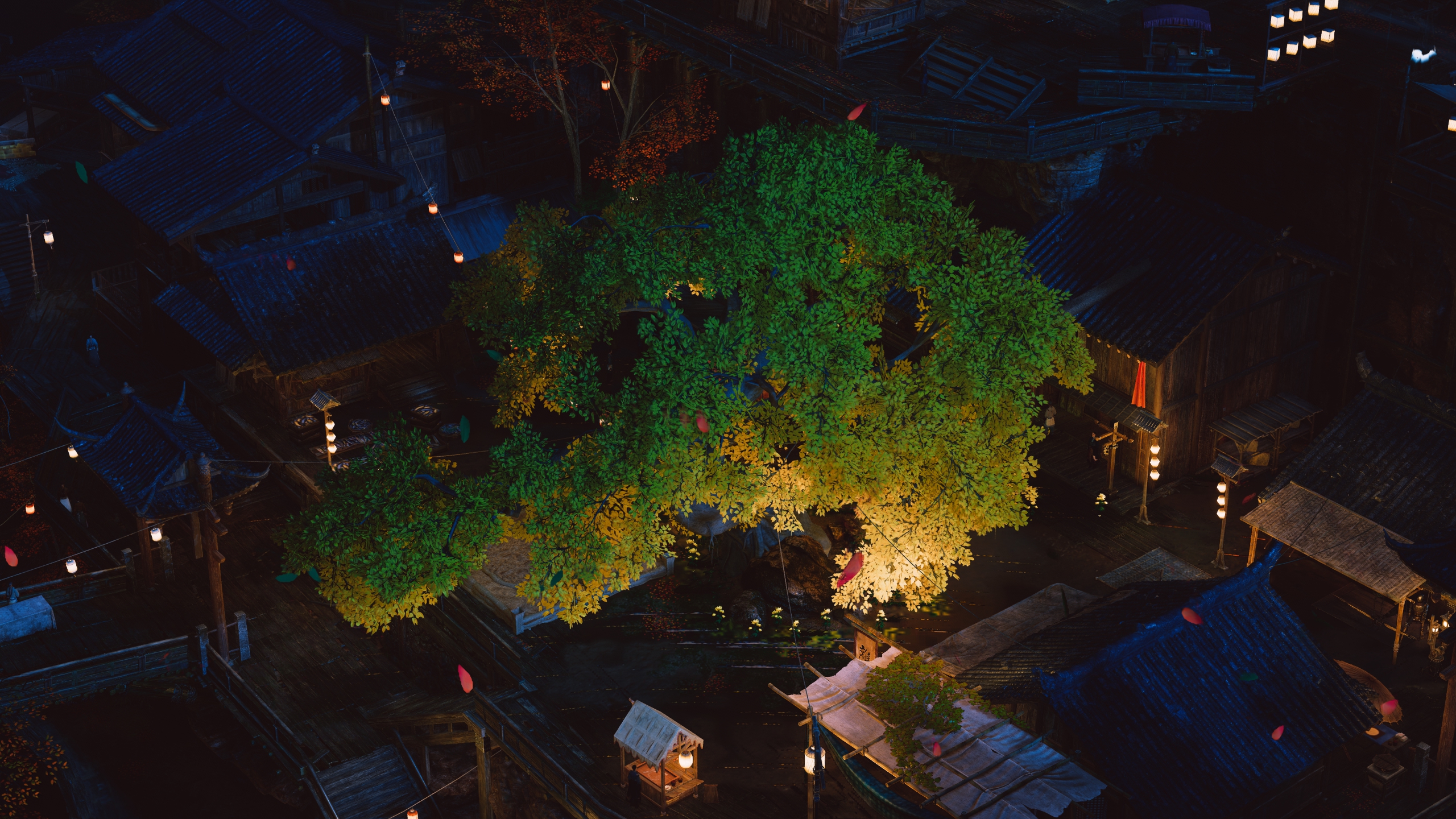 Where Winds Meet: Nighttime village with illuminated tree HD Wallpaper