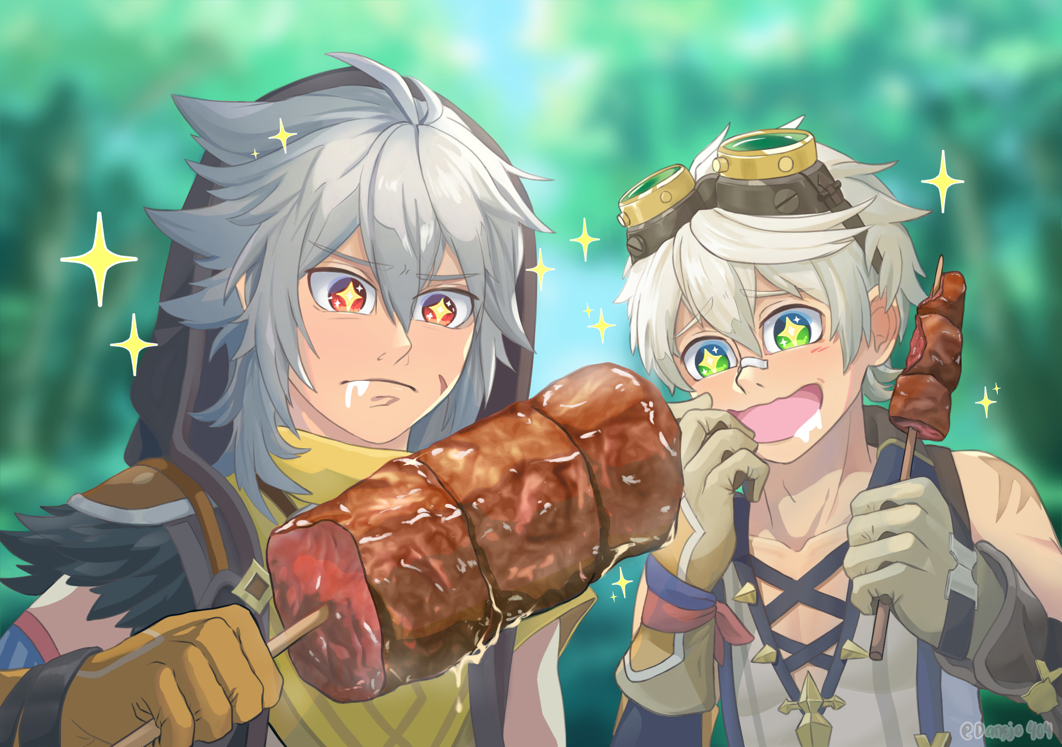 Razor and Bennett eating meat skewers HD Wallpaper