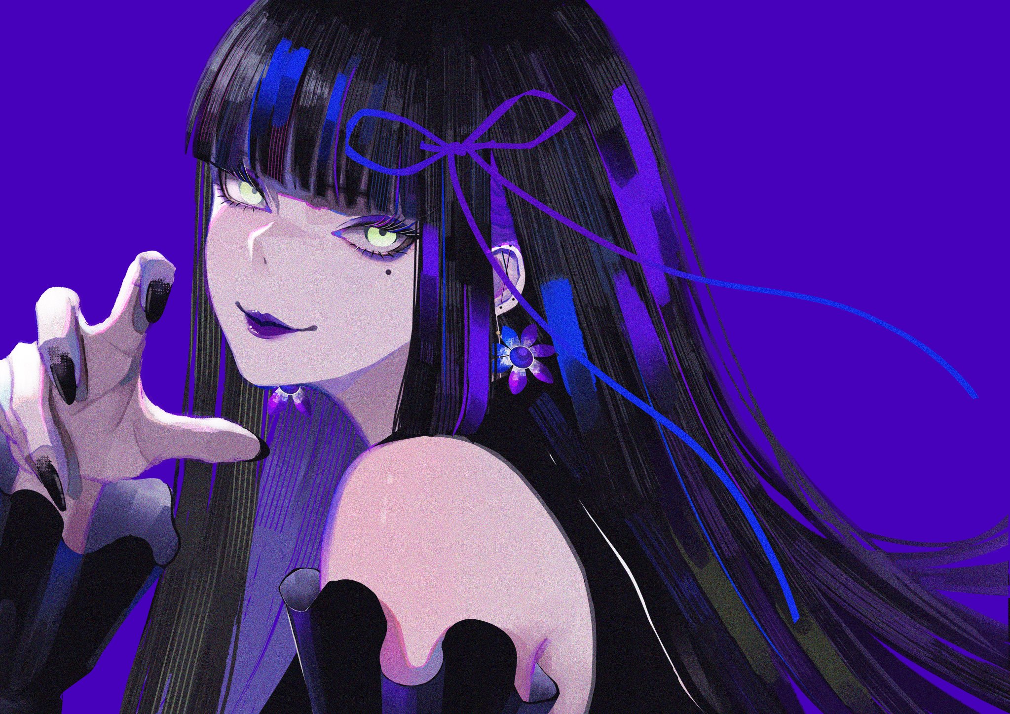 Anime girl with long black hair and purple accents HD Wallpaper