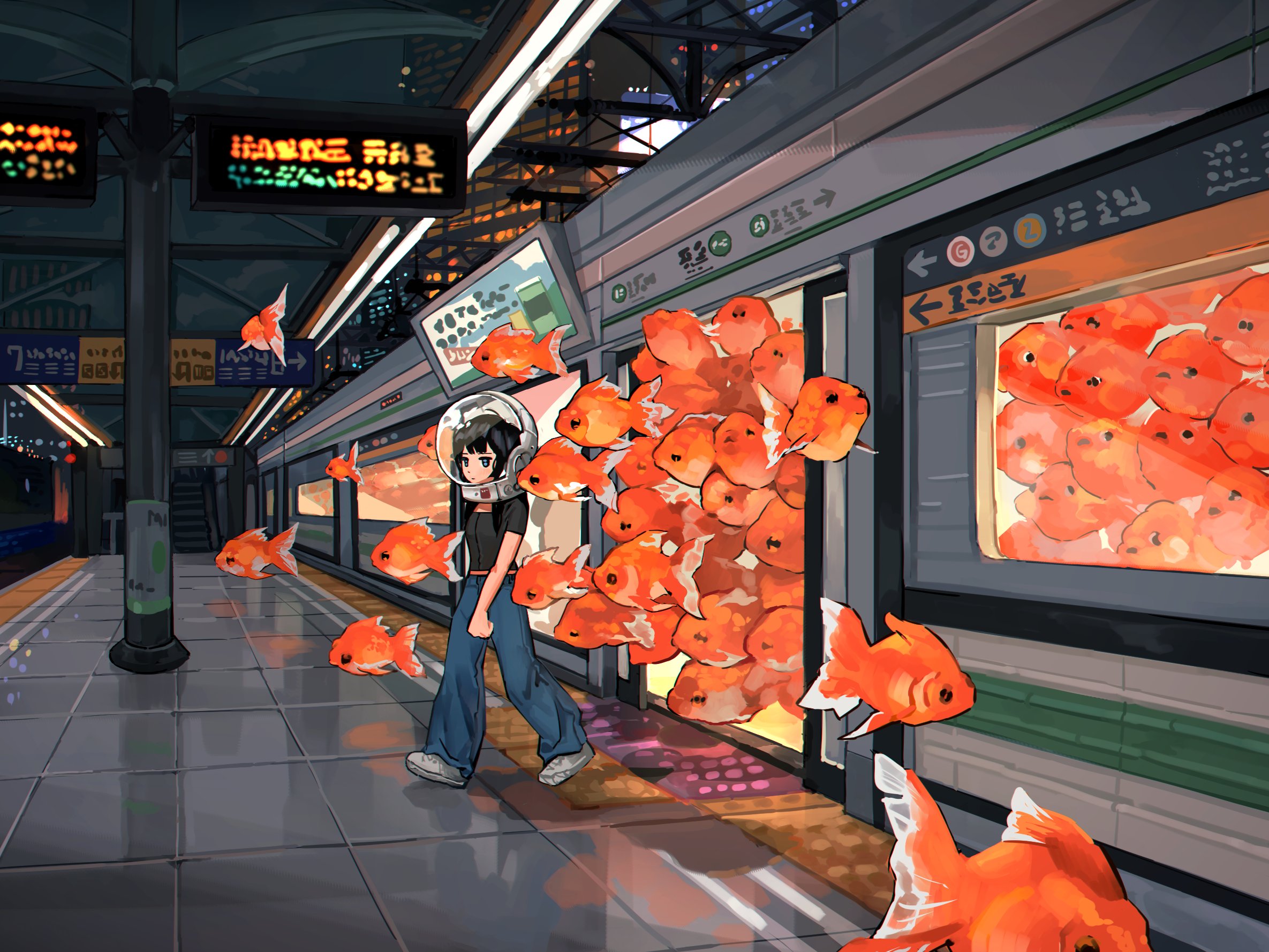 Anime girl with helmet walking with a school of goldfish HD Wallpaper