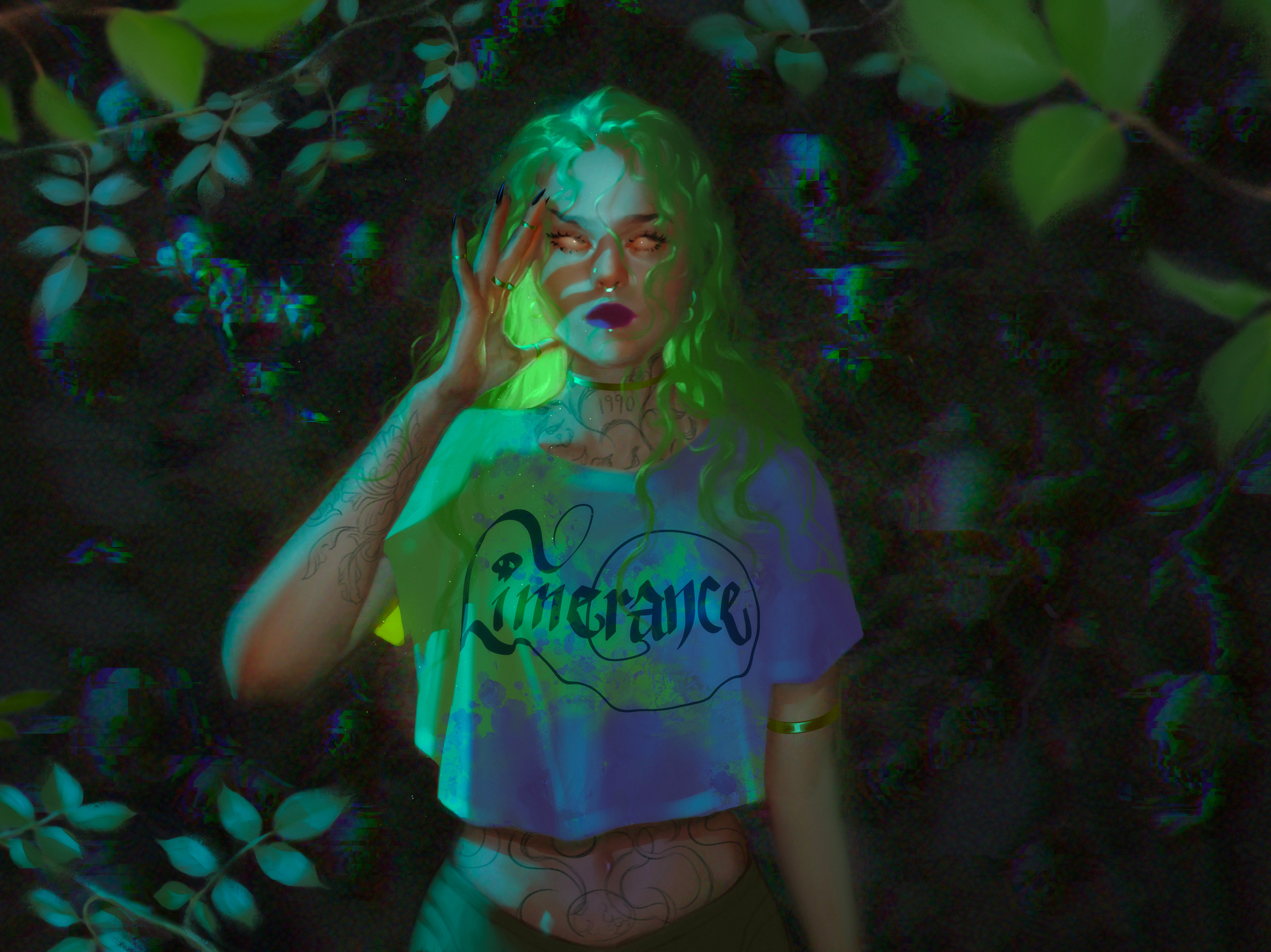 Woman with green hair and tattoos in a forest HD Wallpaper