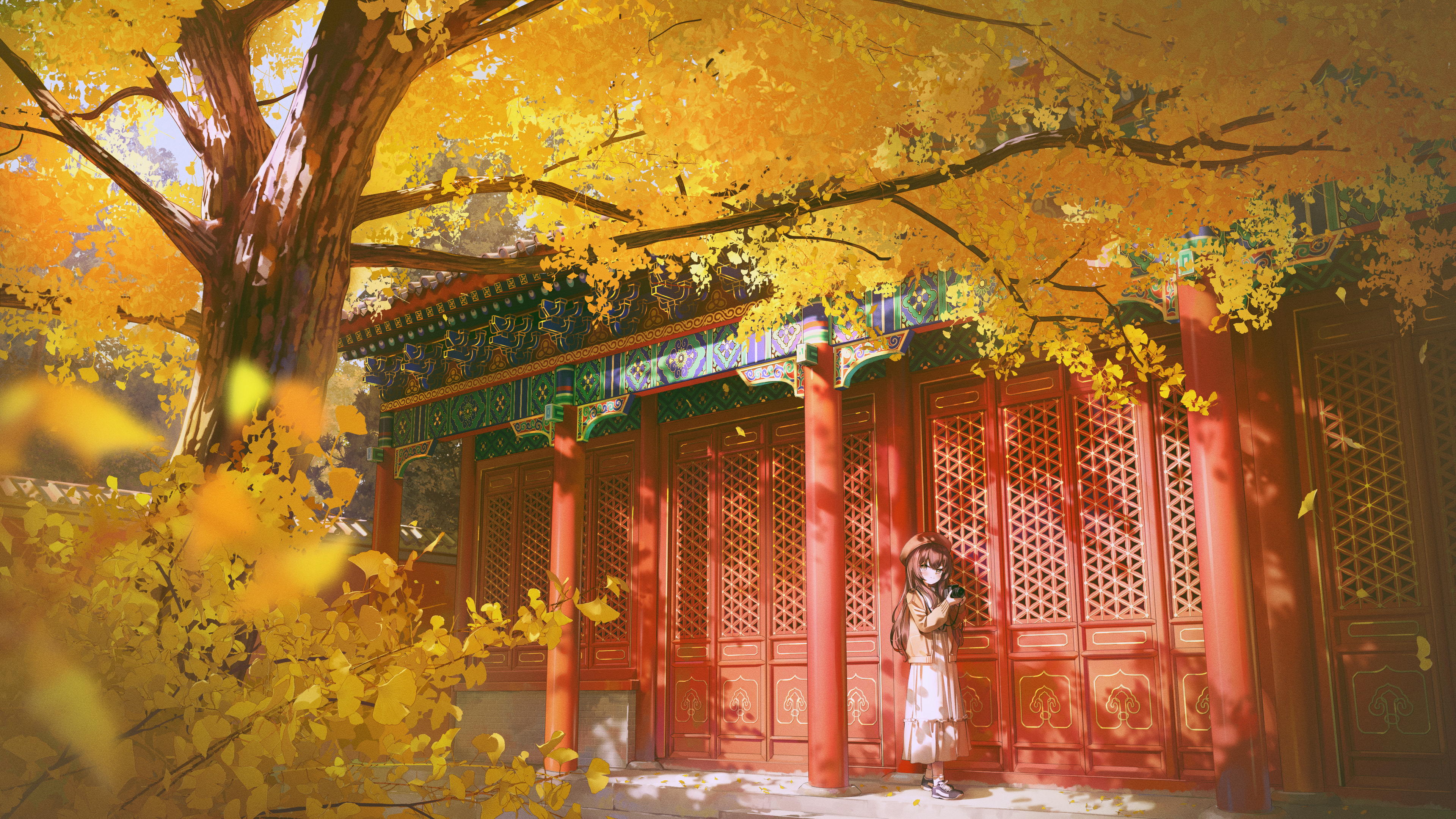 Anime girl in traditional Chinese courtyard with yellow trees HD Wallpaper