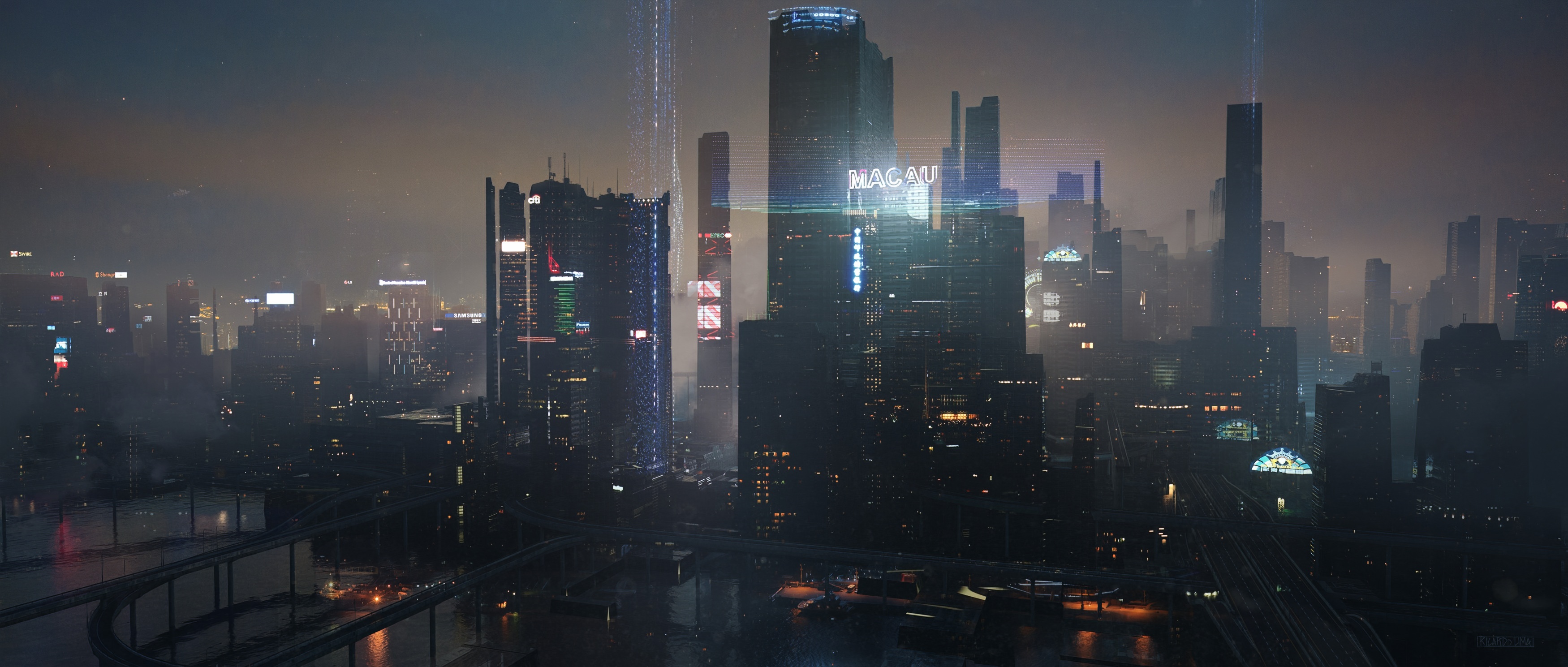 Cyberpunk Macau Cityscape at Dusk HD Wallpaper