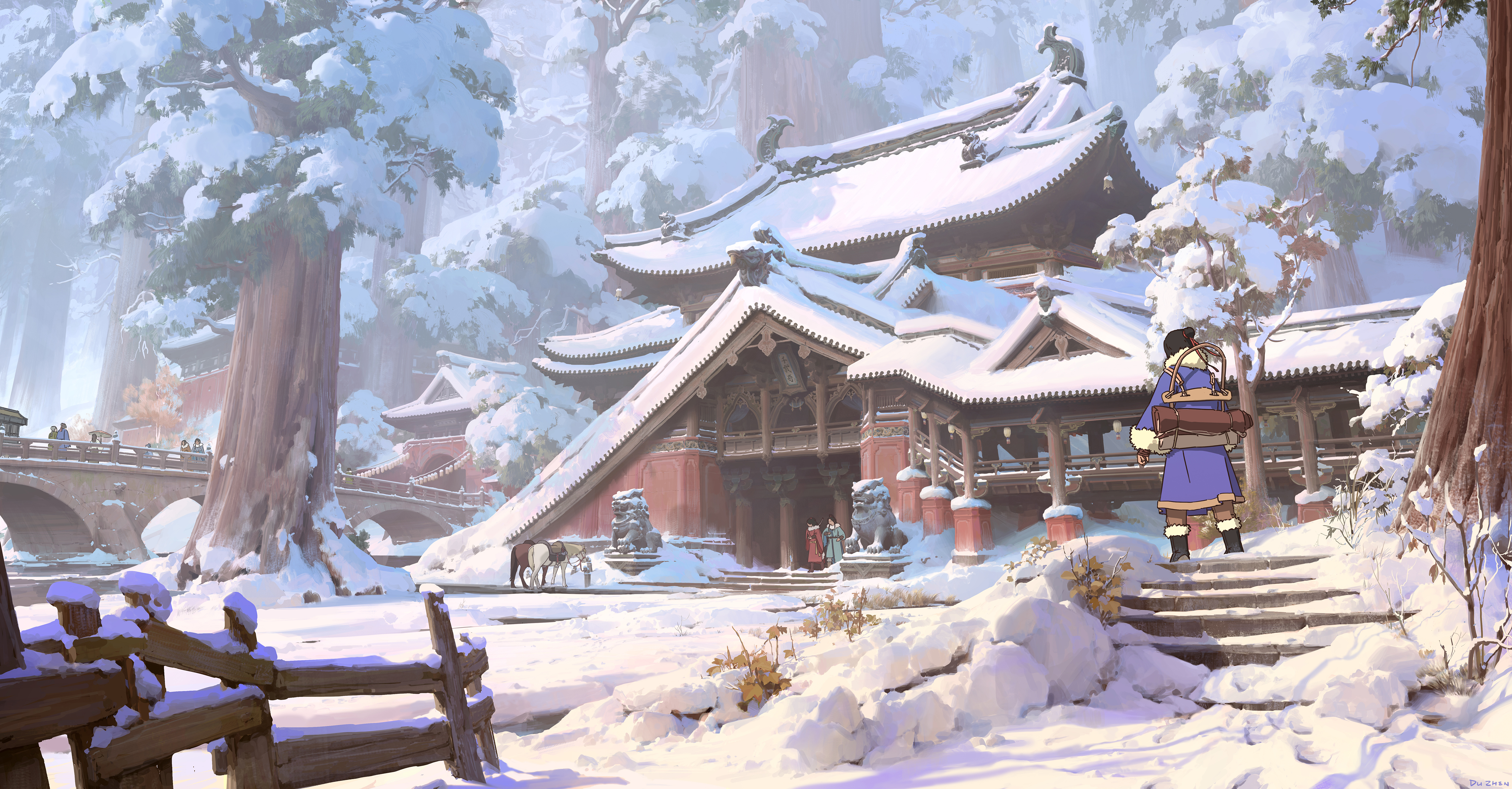 Snowy traditional Asian temple with a person in blue HD Wallpaper