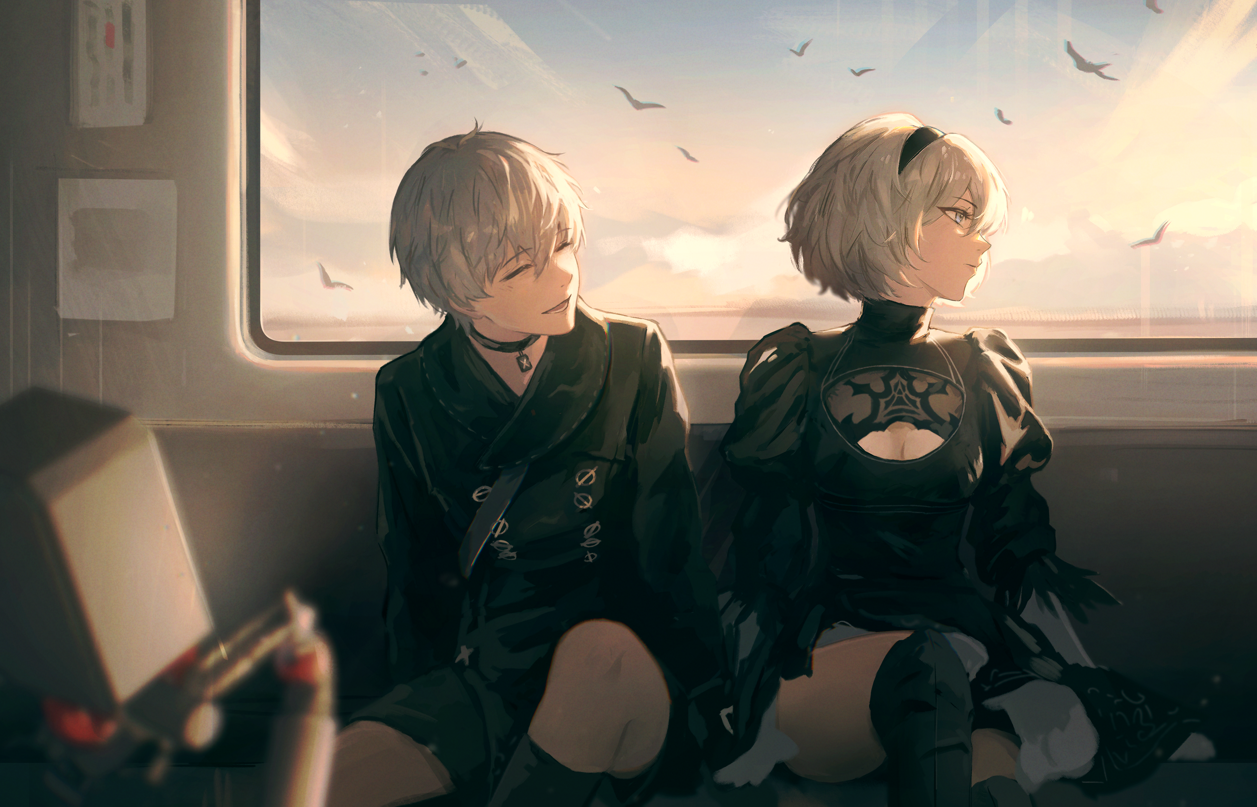 Nier: Automata 2B and 9S on a Train HD Wallpaper