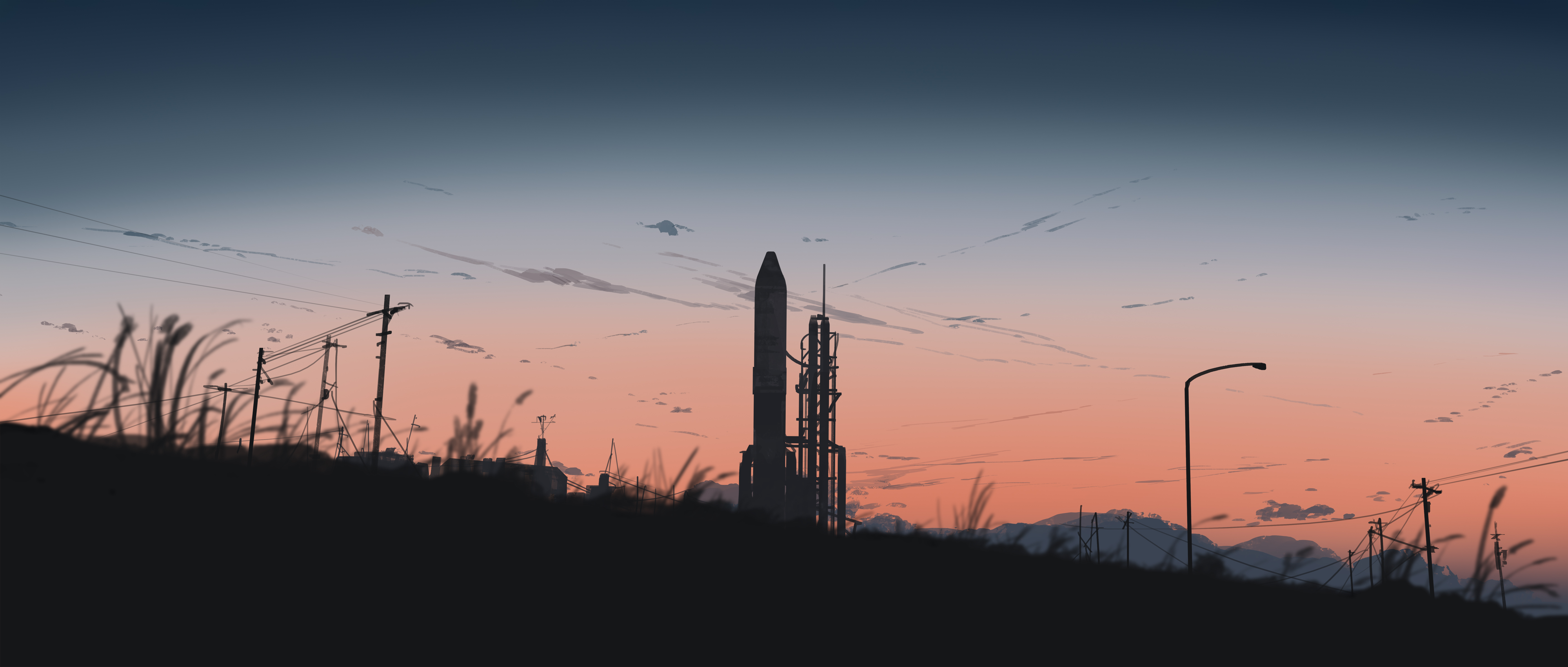 Space rocket on launchpad at sunset HD Wallpaper