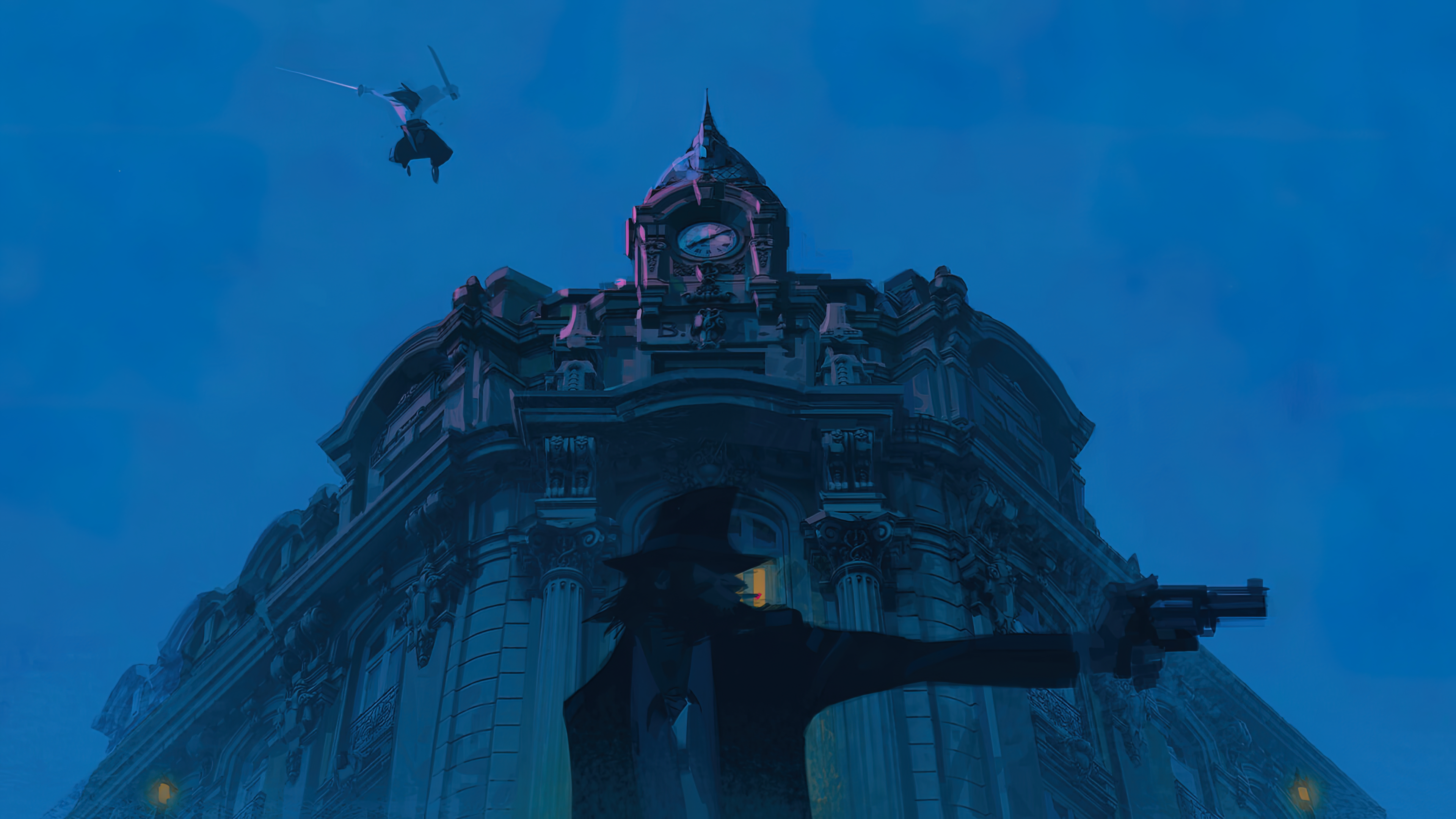 Lupin III and a samurai duel near a clock tower HD Wallpaper