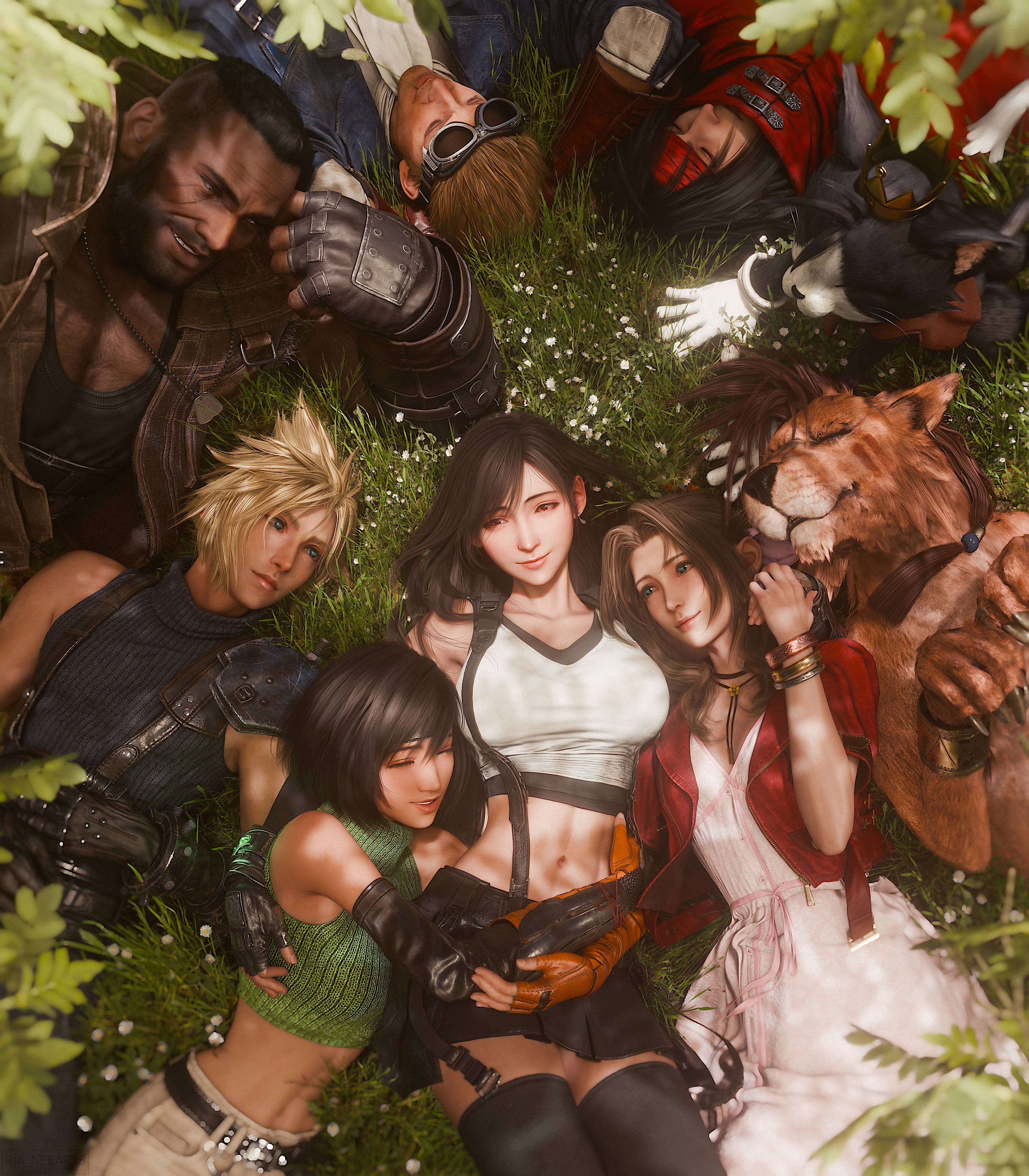 Tifa Lockhart, Aerith Gainsborough, Cloud Strife, and friends resting HD Wallpaper