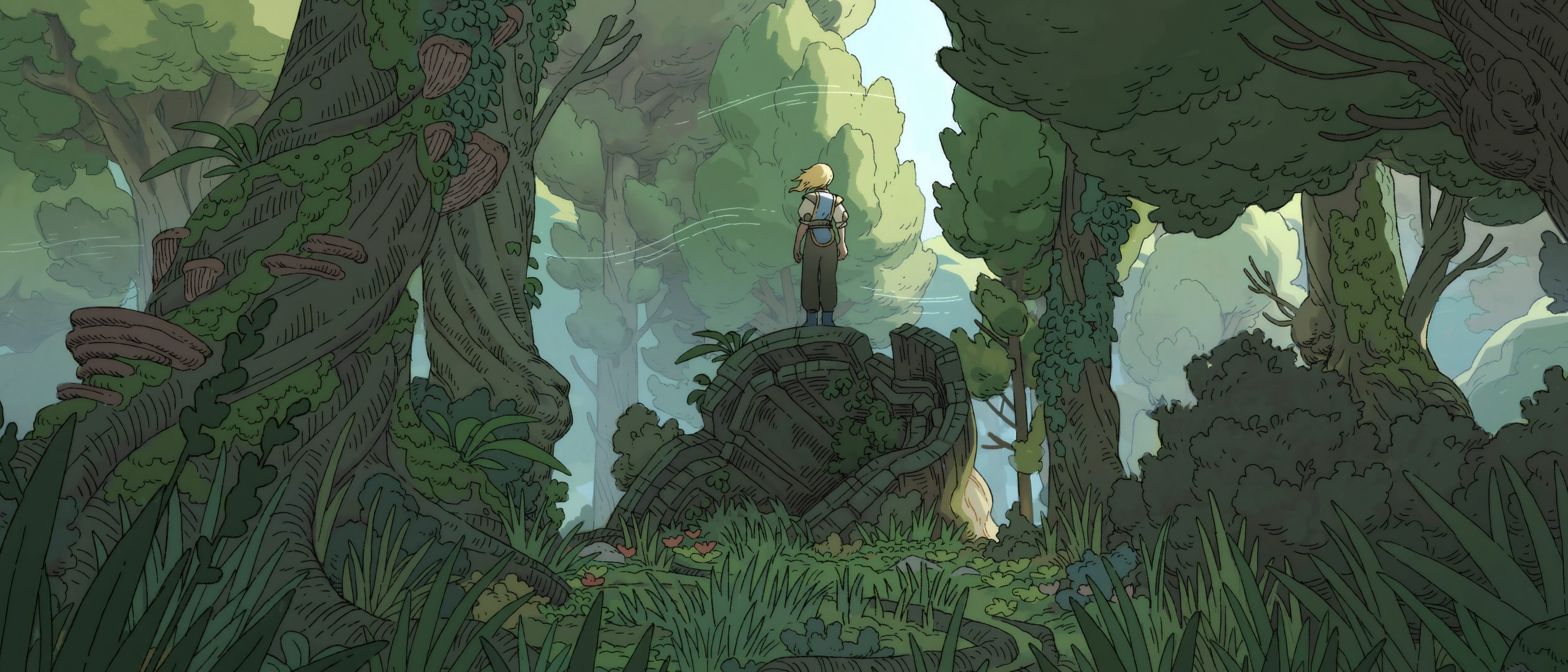 Video game art of a person standing on ruins in a forest HD Wallpaper