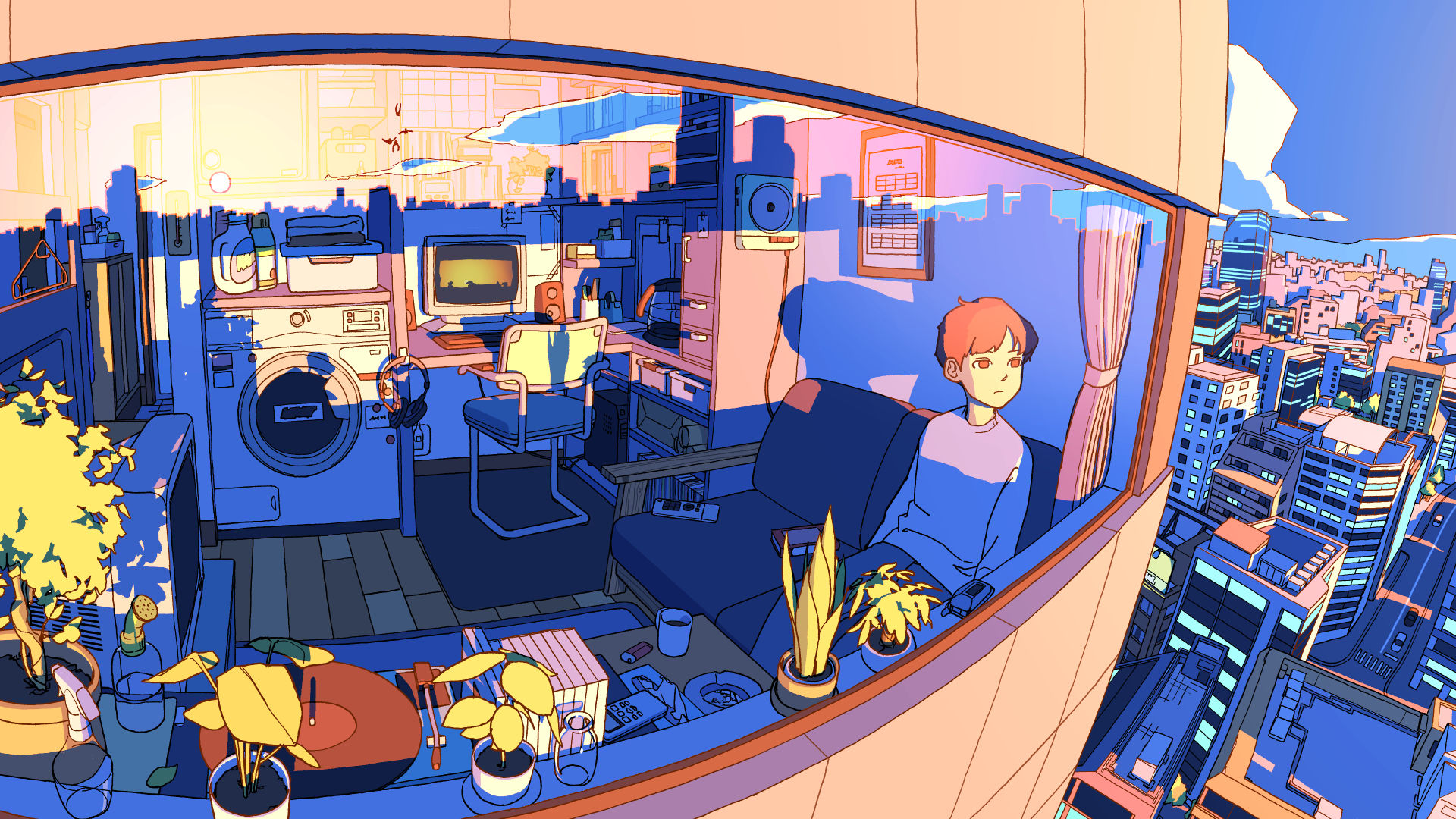 Anime boy in apartment overlooking city HD Wallpaper