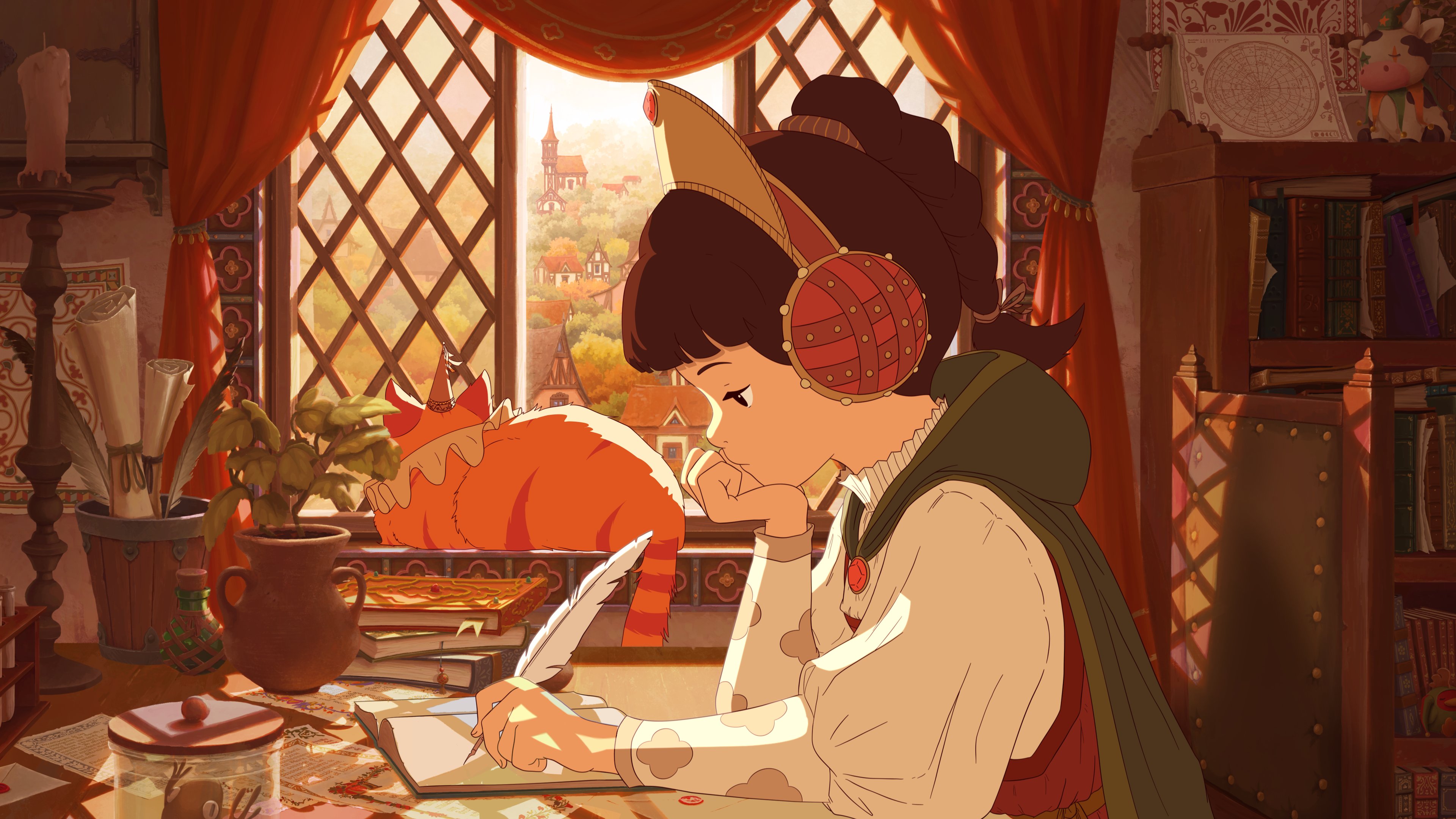 Books and a girl writing with a quill HD Wallpaper