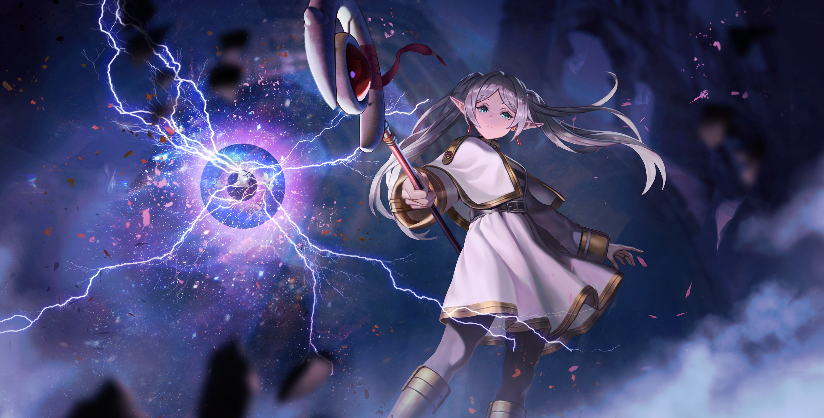 Frieren casting a lightning spell with a staff HD Wallpaper
