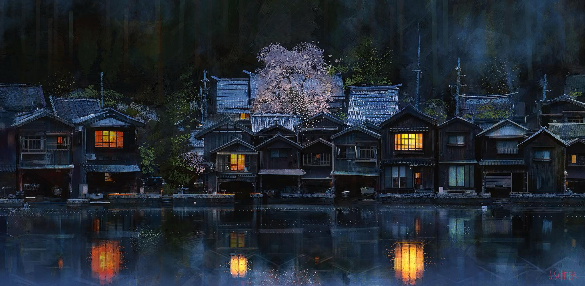 Japanese village with cherry blossoms reflected in water HD Wallpaper