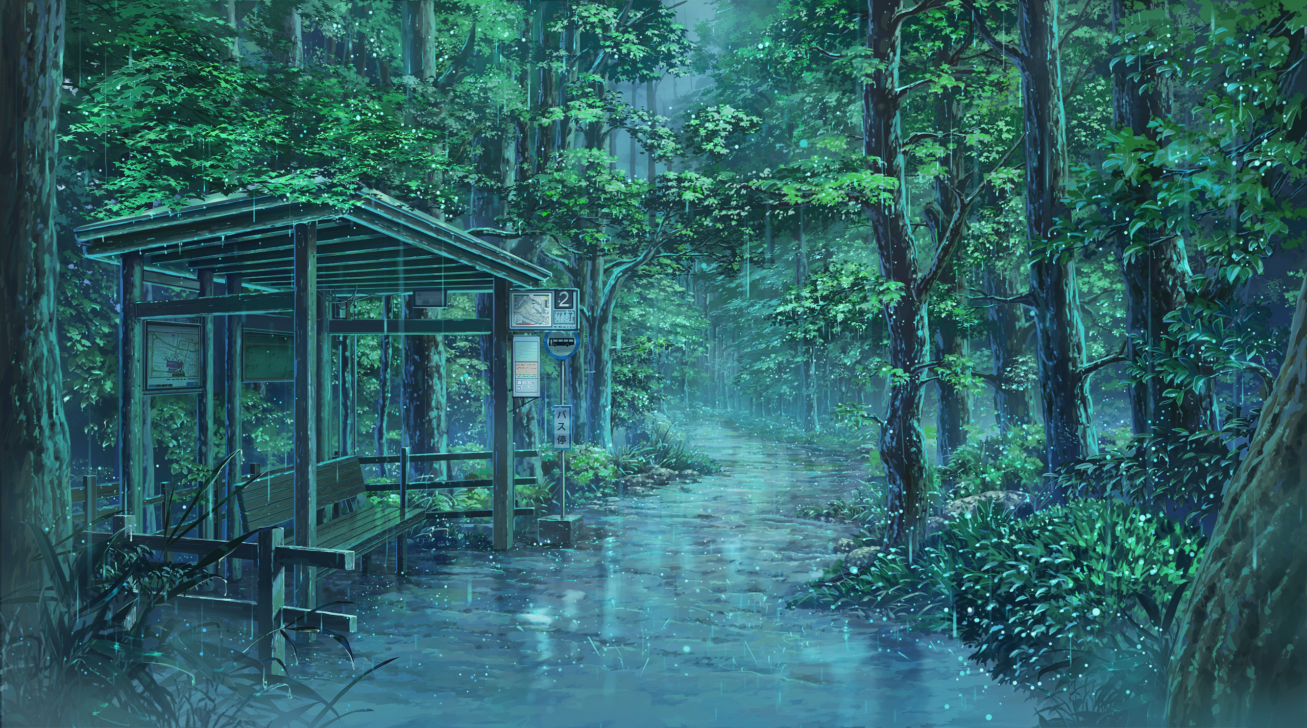 Rainy forest bus stop with a bench HD Wallpaper