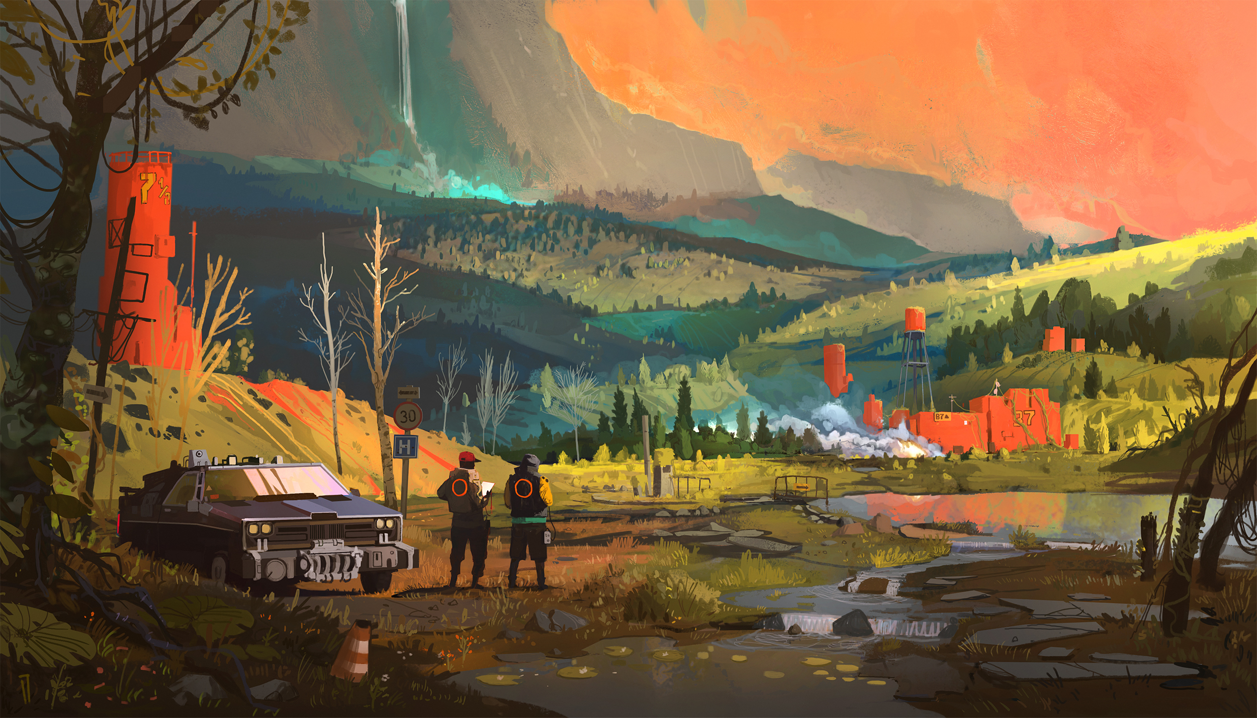 Car and two figures in a surreal, colorful landscape HD Wallpaper