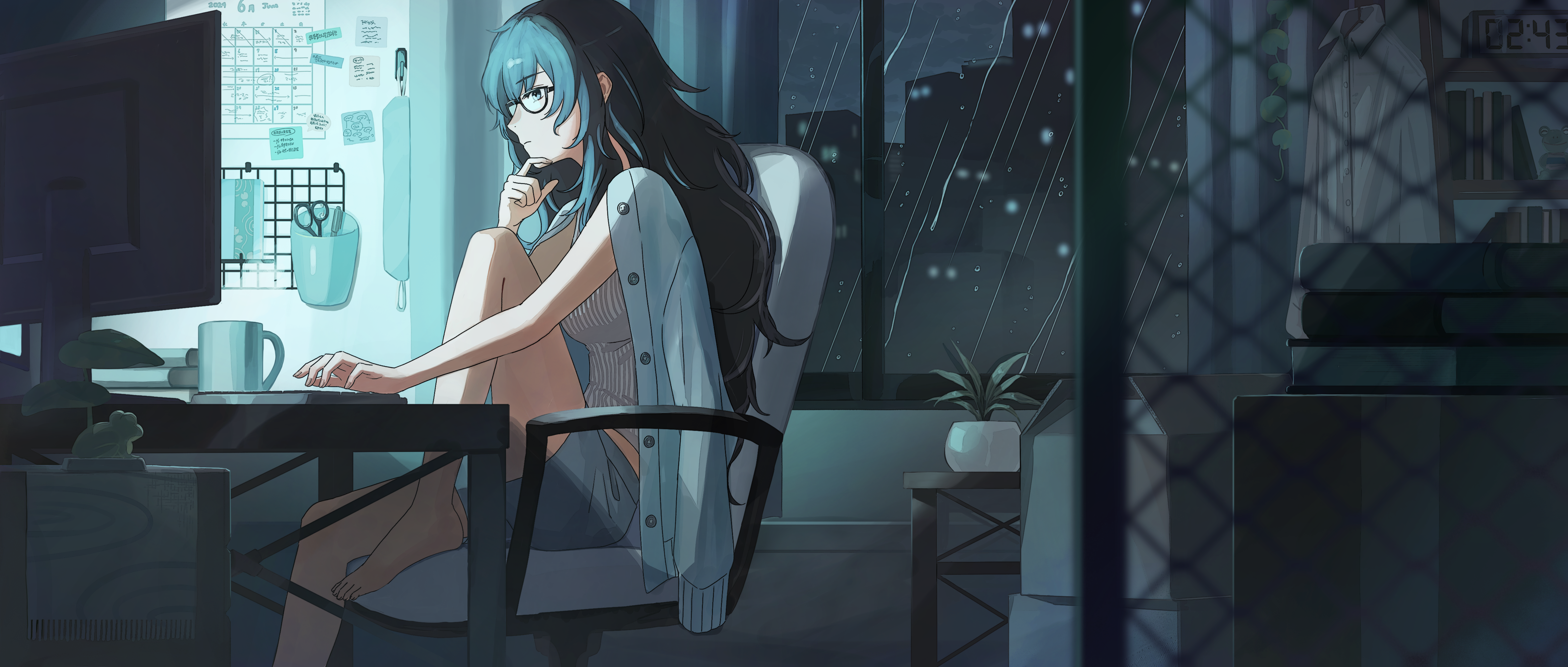 Original character with glasses sitting by window on rainy night HD Wallpaper