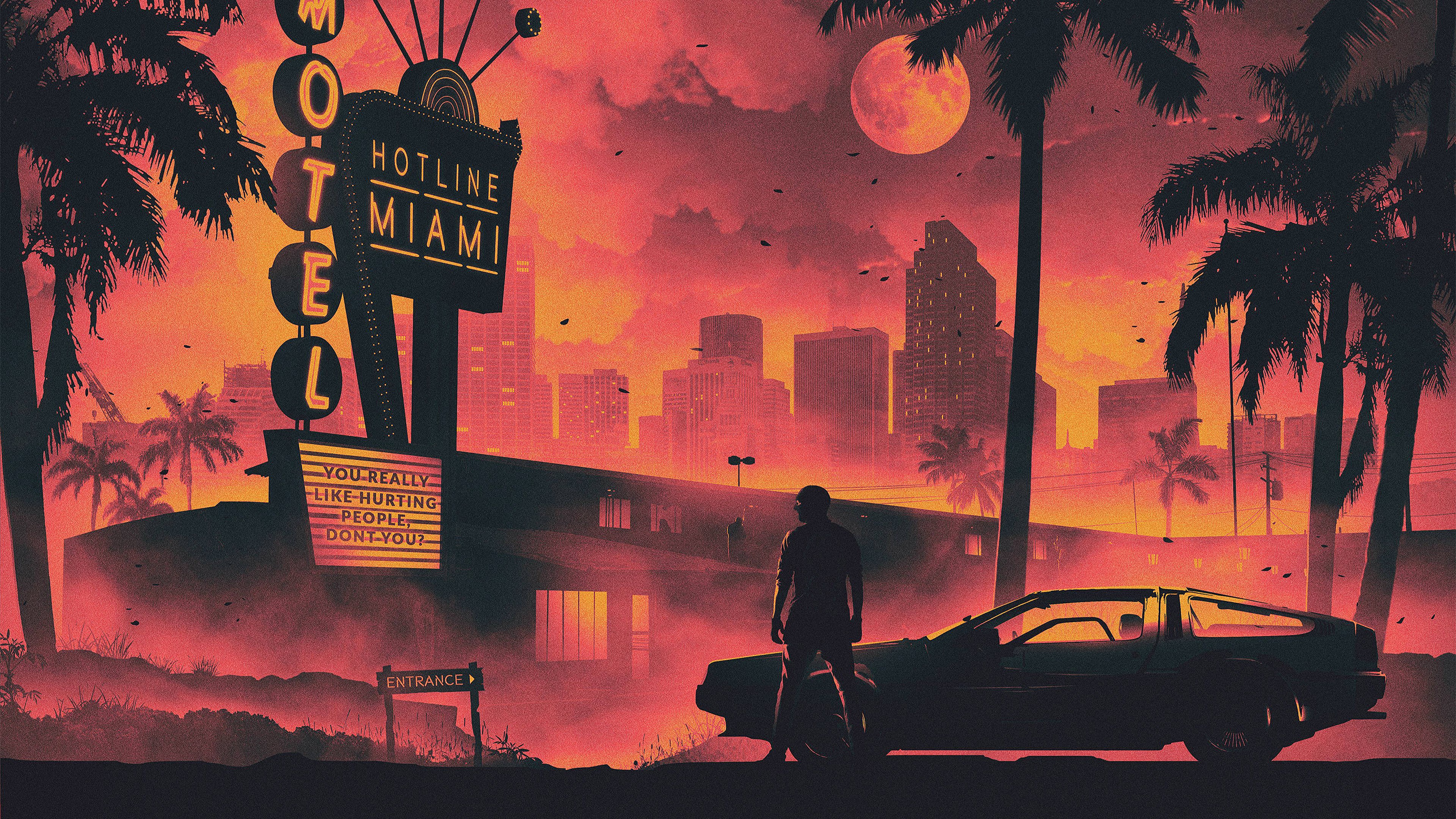 Hotline Miami Motel with Man and Car HD Wallpaper