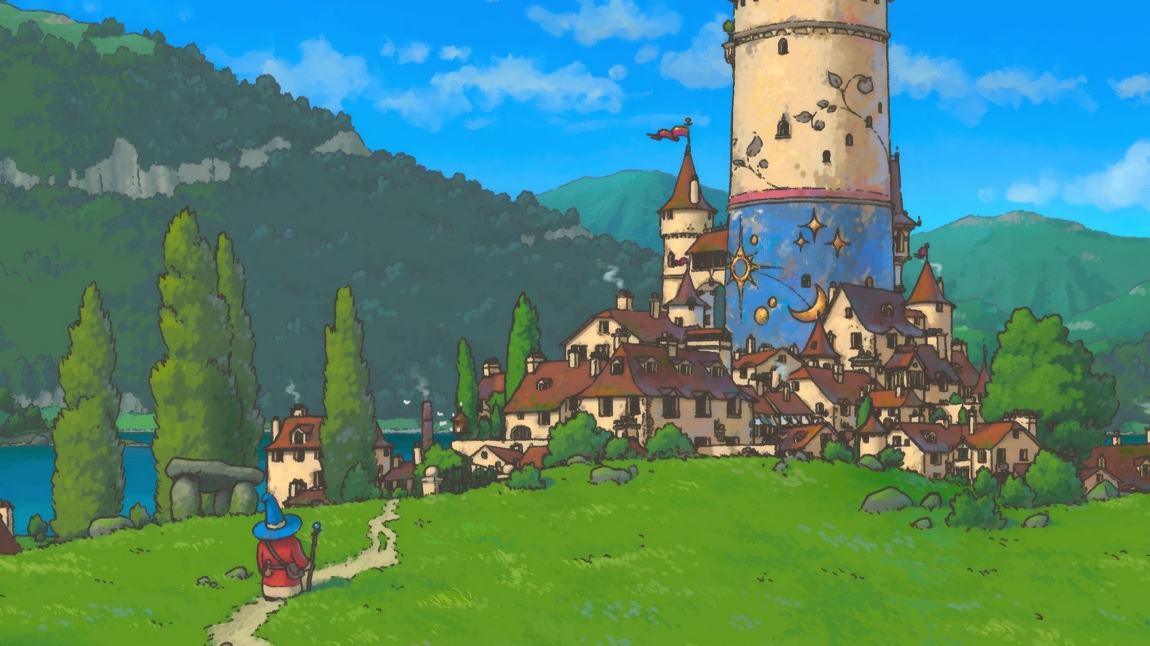 Wizard walks towards a village with a tall tower HD Wallpaper