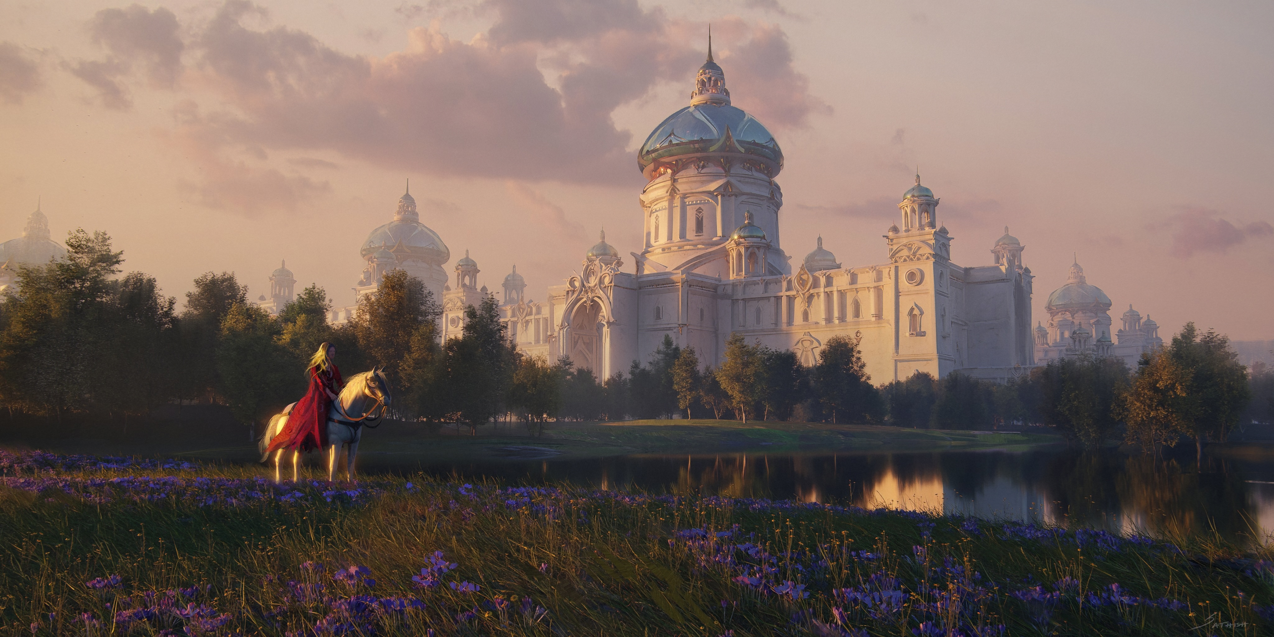 Fantasy Cityscape with Rider and Horse at Sunrise HD Wallpaper