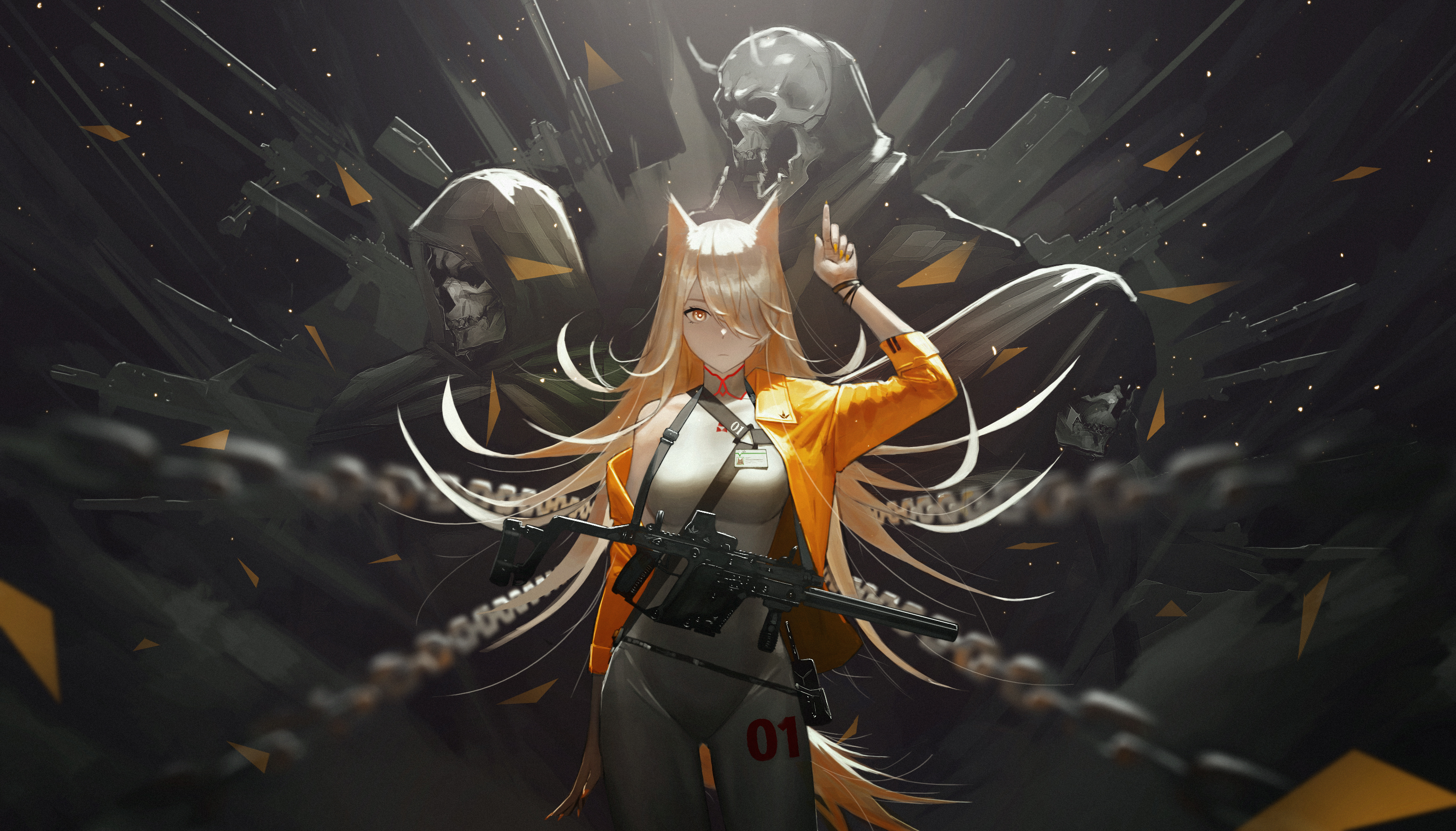 Anime fox girl with yellow jacket and chains HD Wallpaper