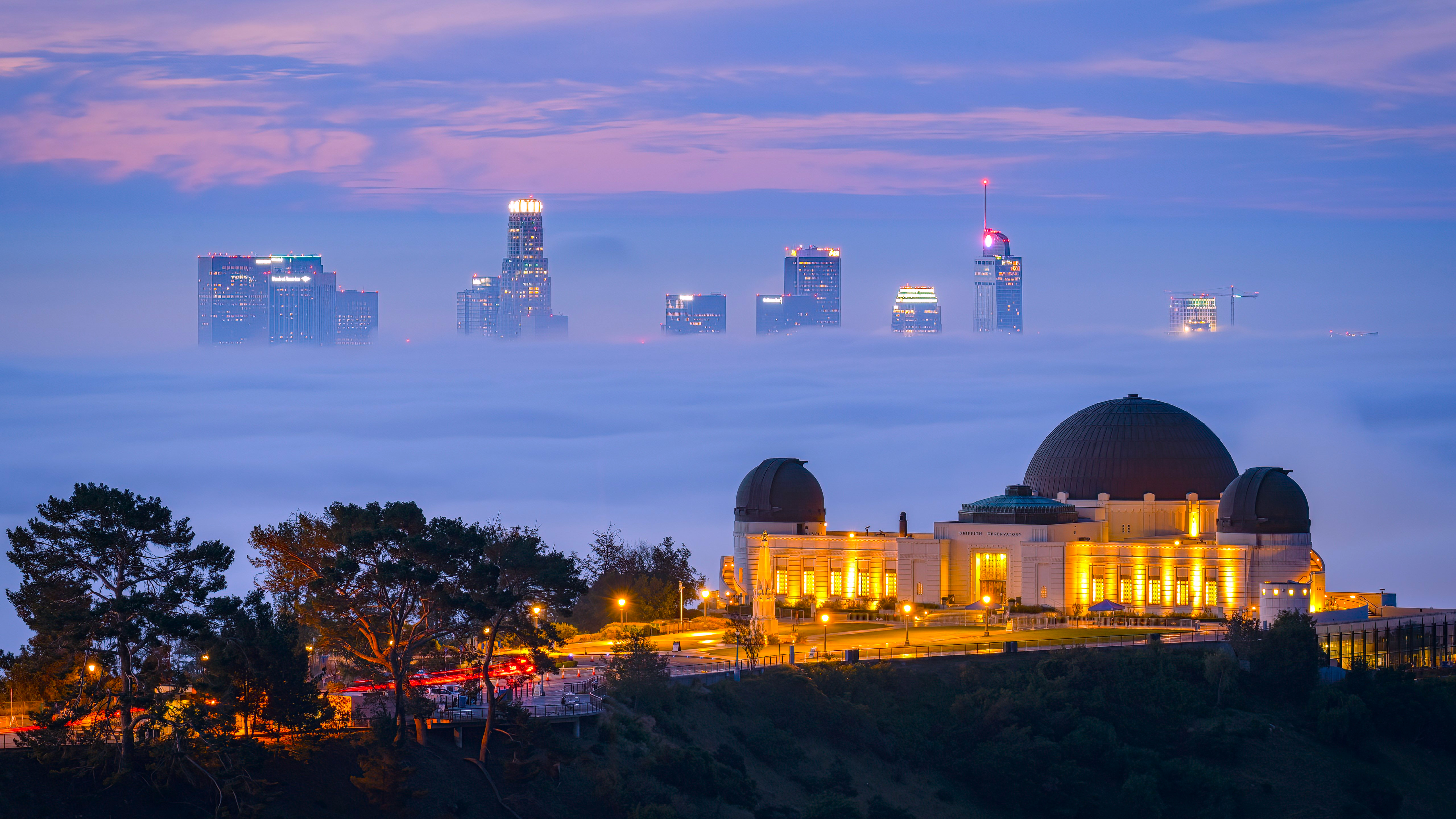 Griffith Observatory above clouds with Los Angeles skyline HD Wallpaper