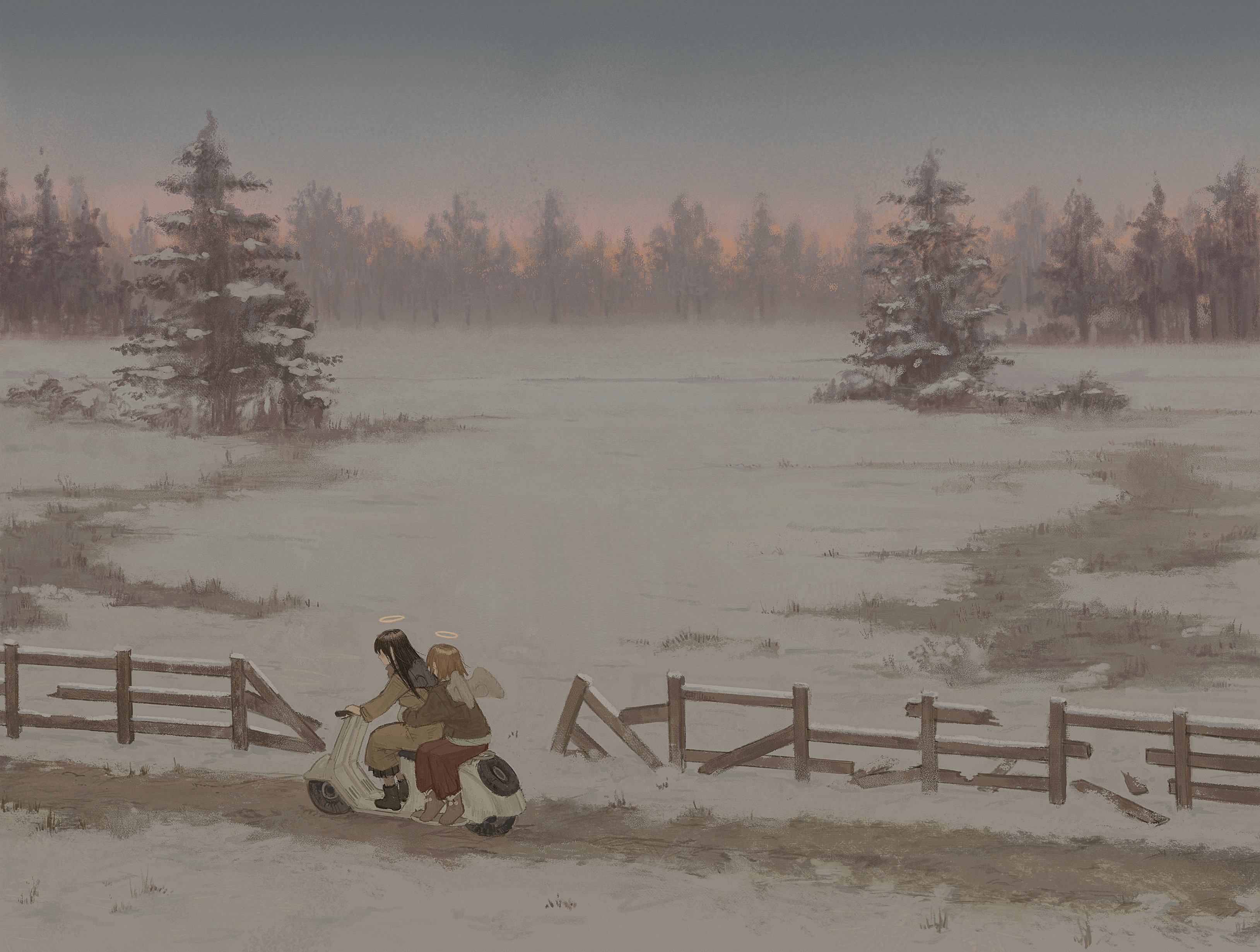 Rakka and Reki on a scooter in the snow HD Wallpaper