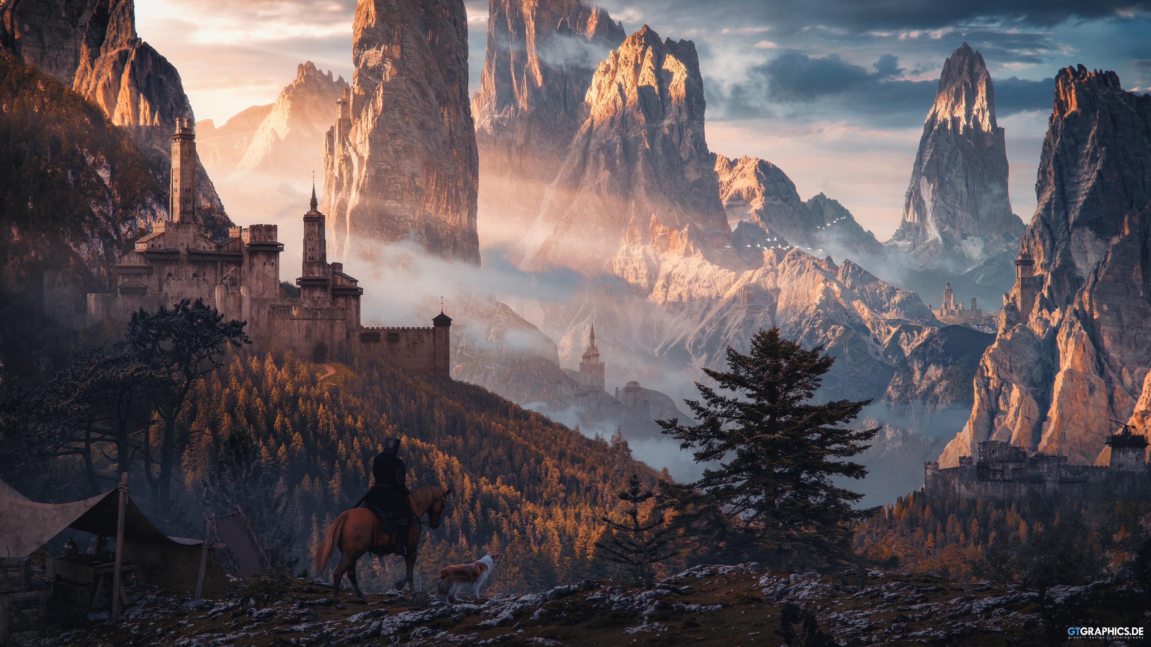 Fantasy castle on a mountain with a rider and wolf HD Wallpaper