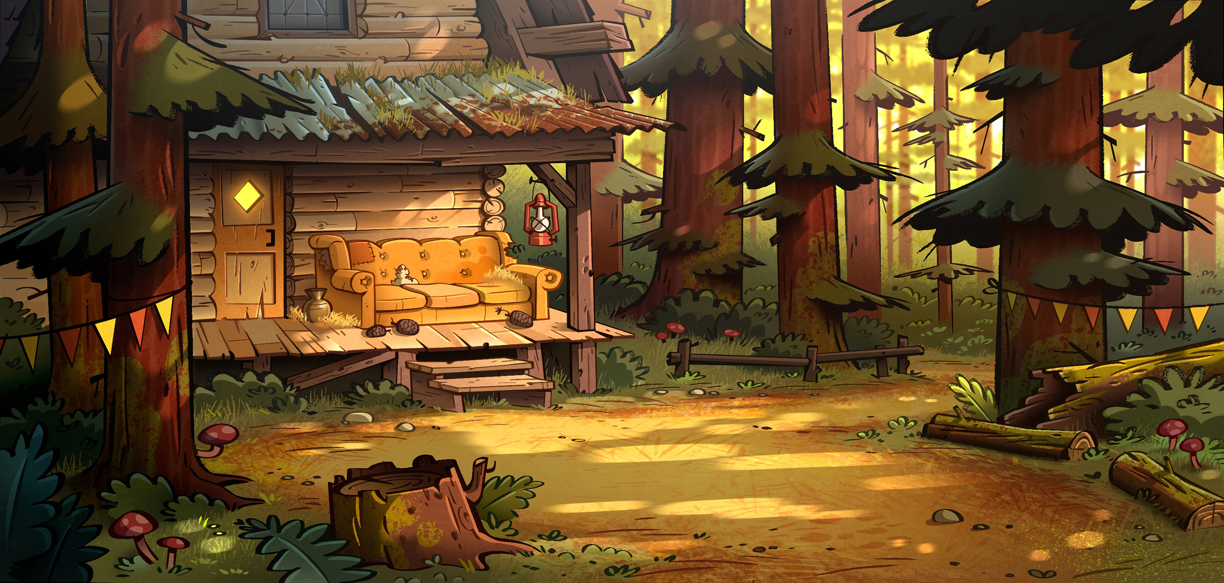 Gravity Falls cabin in a sunlit forest HD Wallpaper