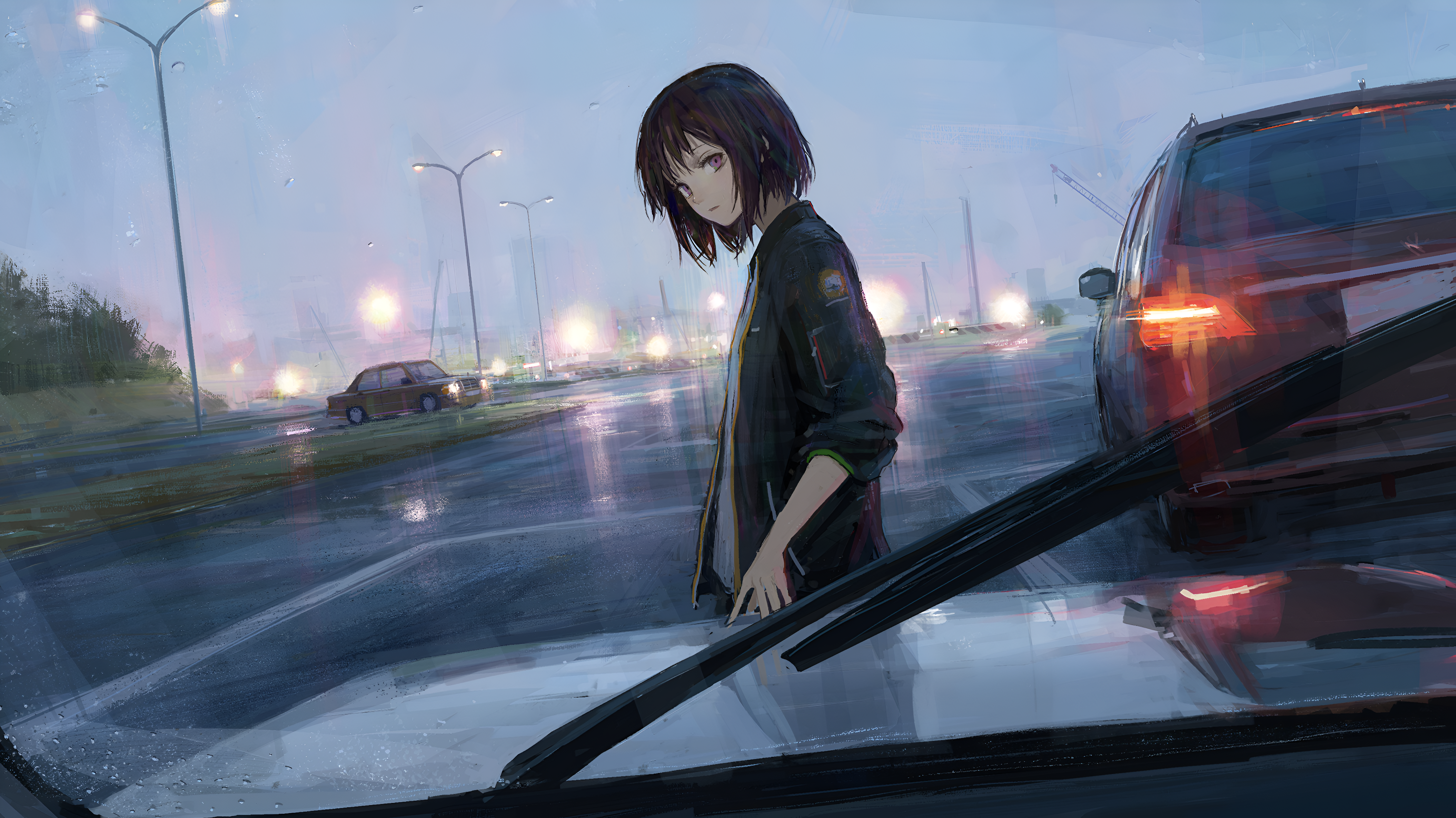 Anime girl in the rain by a car HD Wallpaper